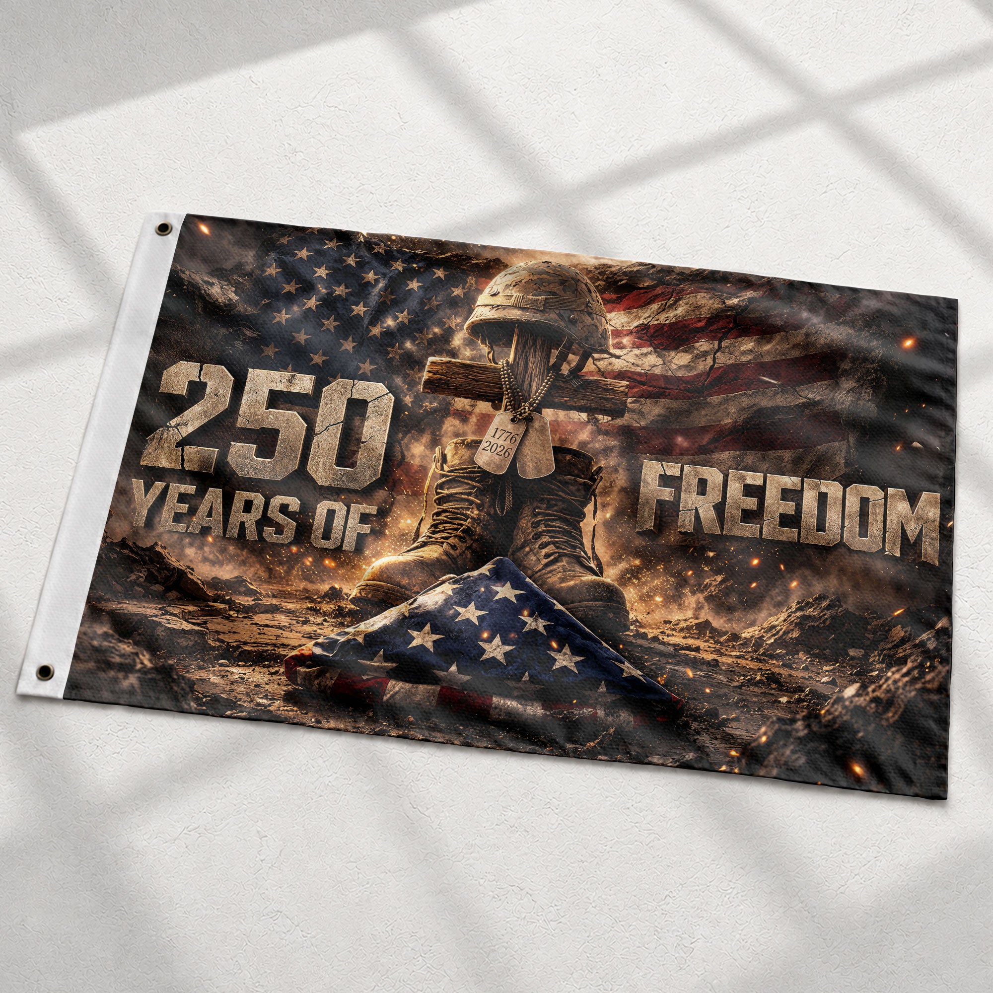 1776–2026 Christian Cross USA 250 Year Anniversary House Flag, 250 Years Freedom 1776–2026 - Rust Field Wear