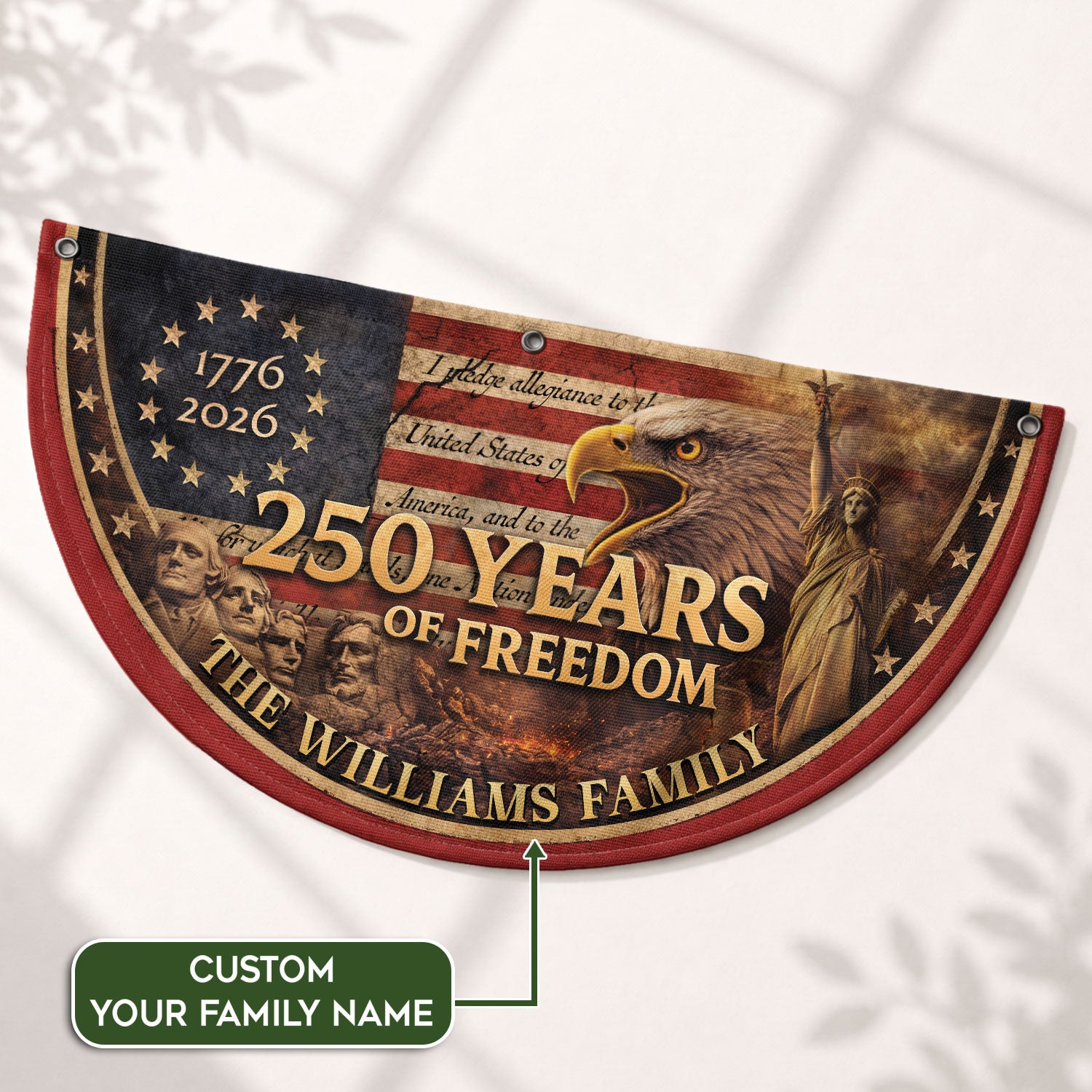 Mount Rushmore Eagle Fence Flag Custom Family Name 250 Years Freedom 1776-2026 Patriotic Yard Decor