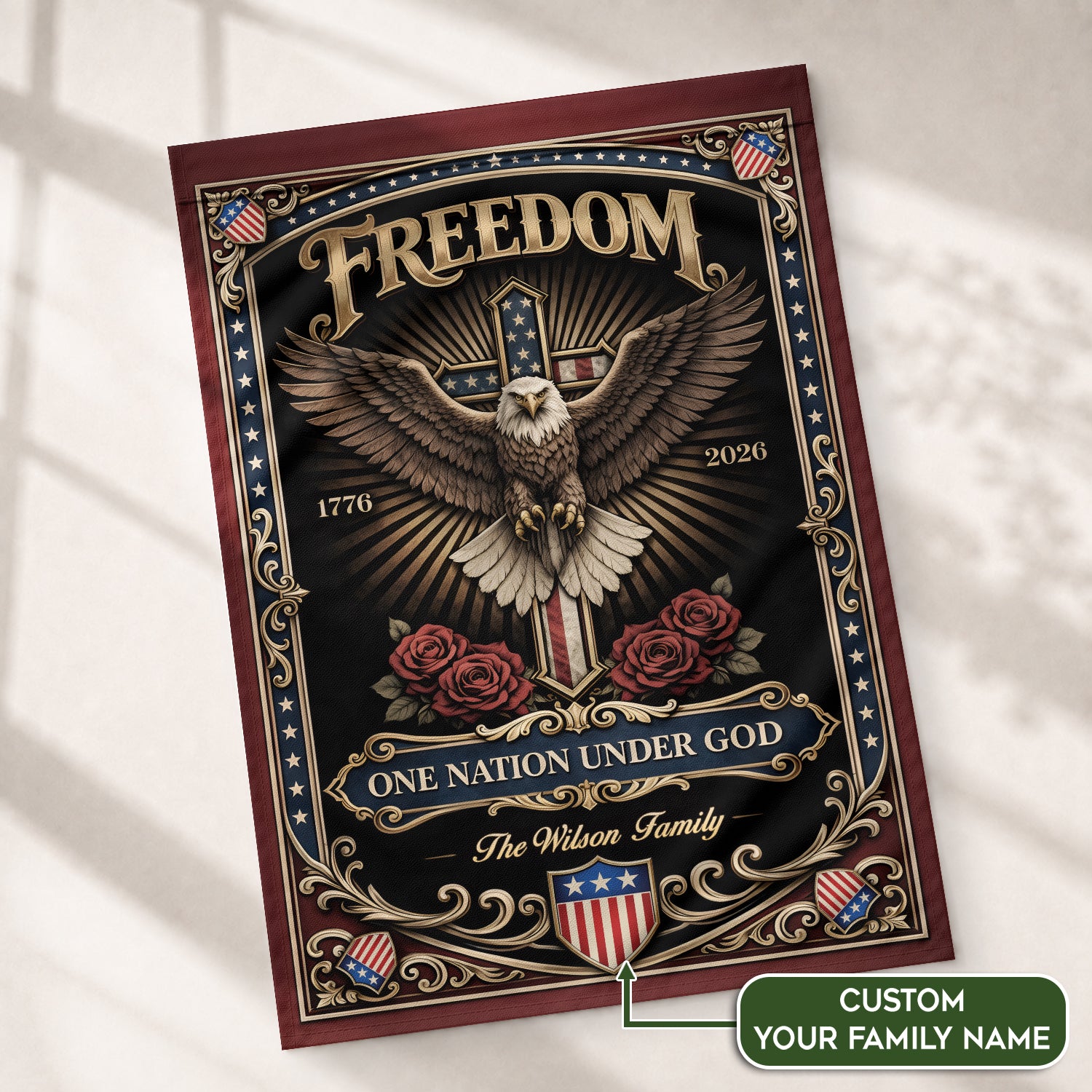 Custom Family Name Garden Flag 250 Years Patriotic Eagle Cross 1776–2026 Freedom Banner - Rust Field Wear