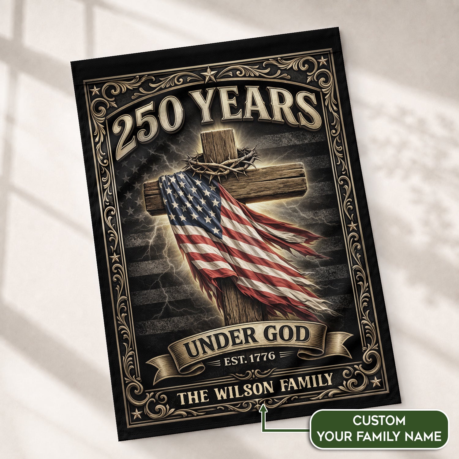 Personalized Family Name Garden Flag 250 Years Under God Cross Patriotic Outdoor Decor - Rust Field Wear