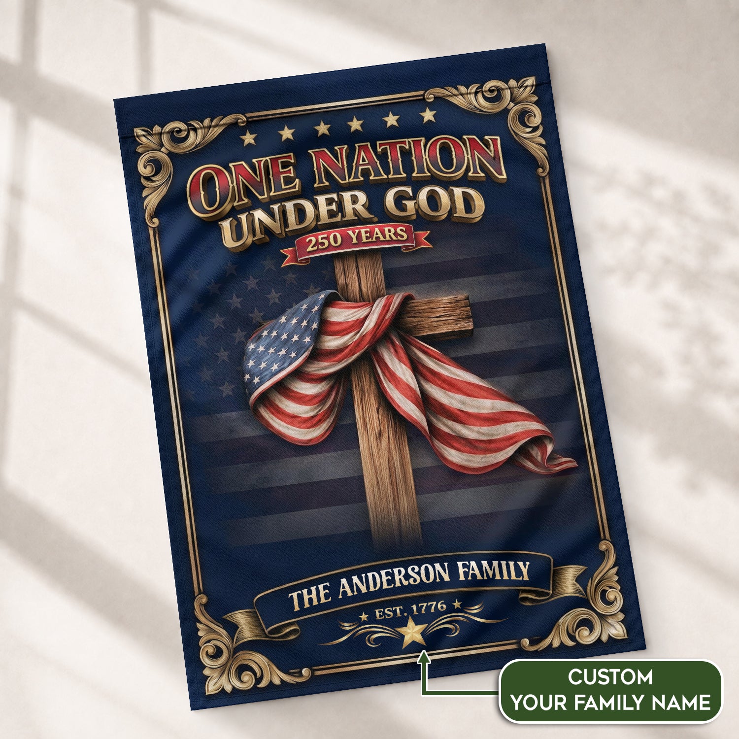 Custom Family Name Garden Flag One Nation Under God 250 Years Patriotic Cross Decor - Rust Field Wear