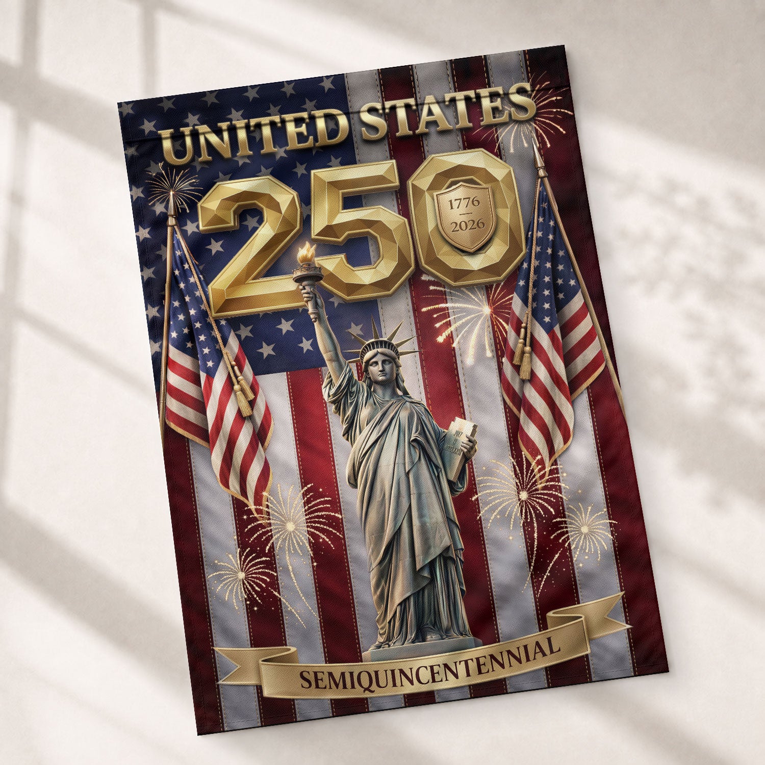 250th Anniversary House Flag United States Patriotic Banner Statue of Liberty 1776-2026 - Rust Field Wear