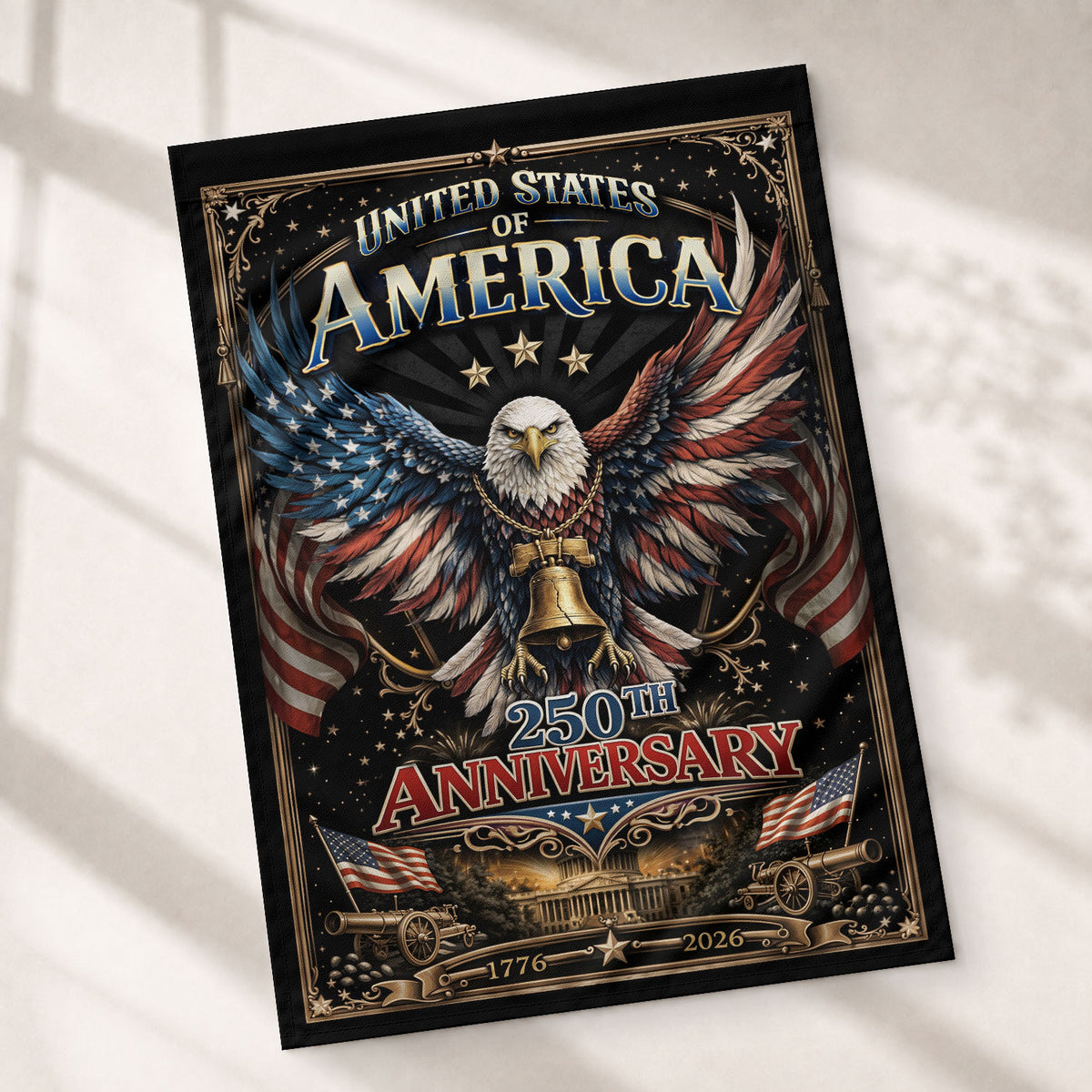 250th Anniversary United States Decorative House Flag - Eagle and Liberty Bell Design - Rust Field Wear