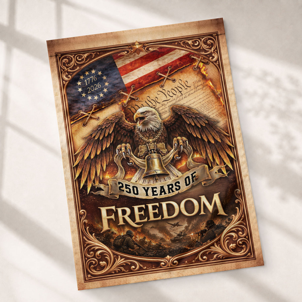 250th Anniversary House Flag 1776-2026 Eagle Freedom Patriotic Outdoor Banner - Rust Field Wear