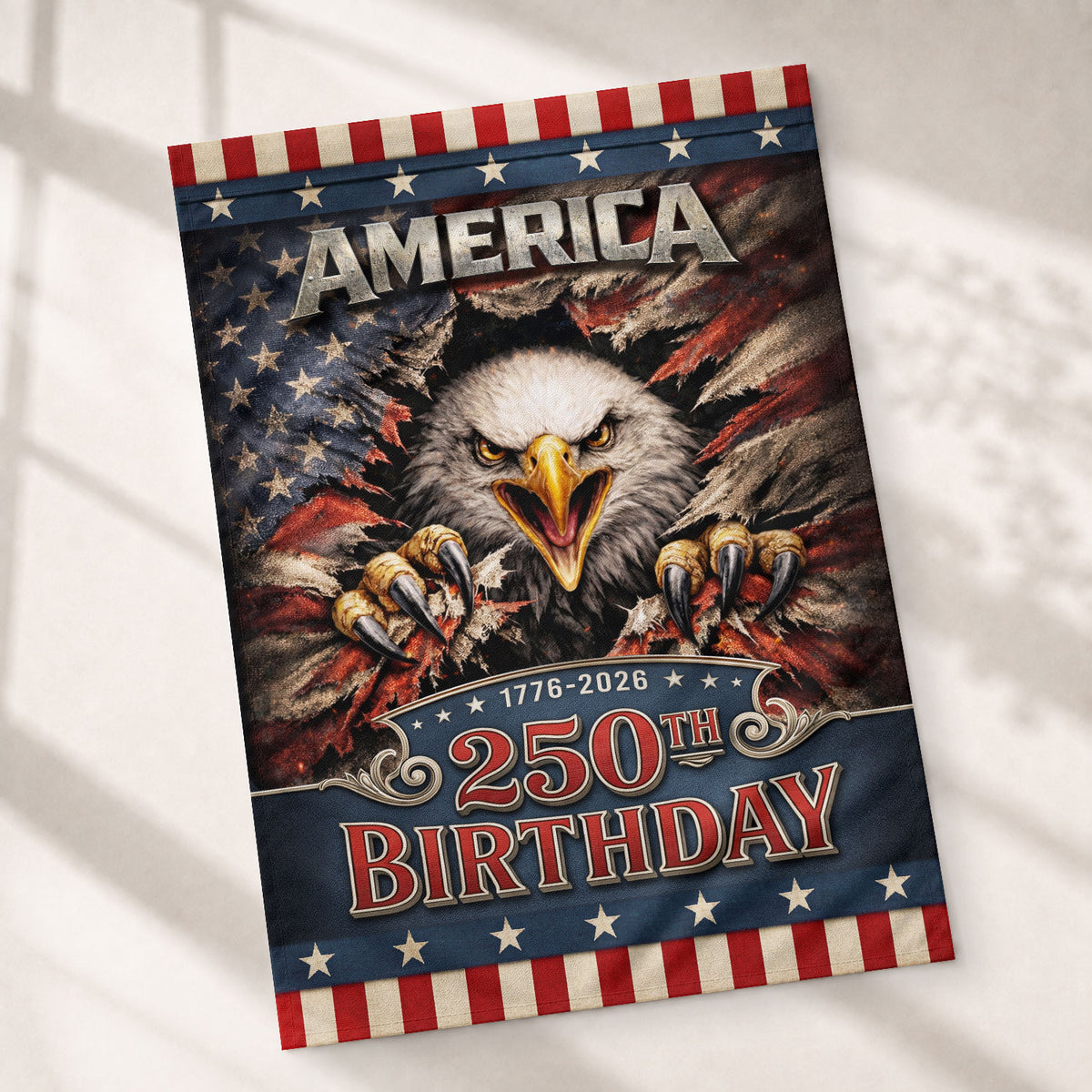 250th Birthday United States House Flag - Fierce Eagle Patriotic Banner Home Decor - Rust Field Wear