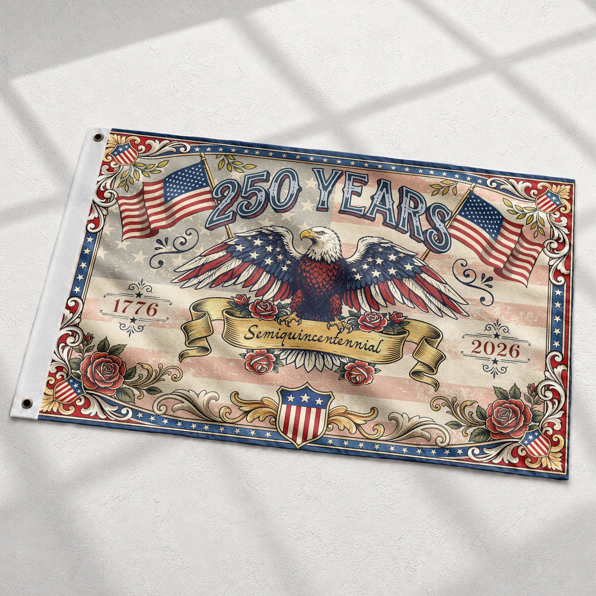 USA 250 Years Commemorative Flag - Vintage Eagle and Roses Patriotic Outdoor Banner