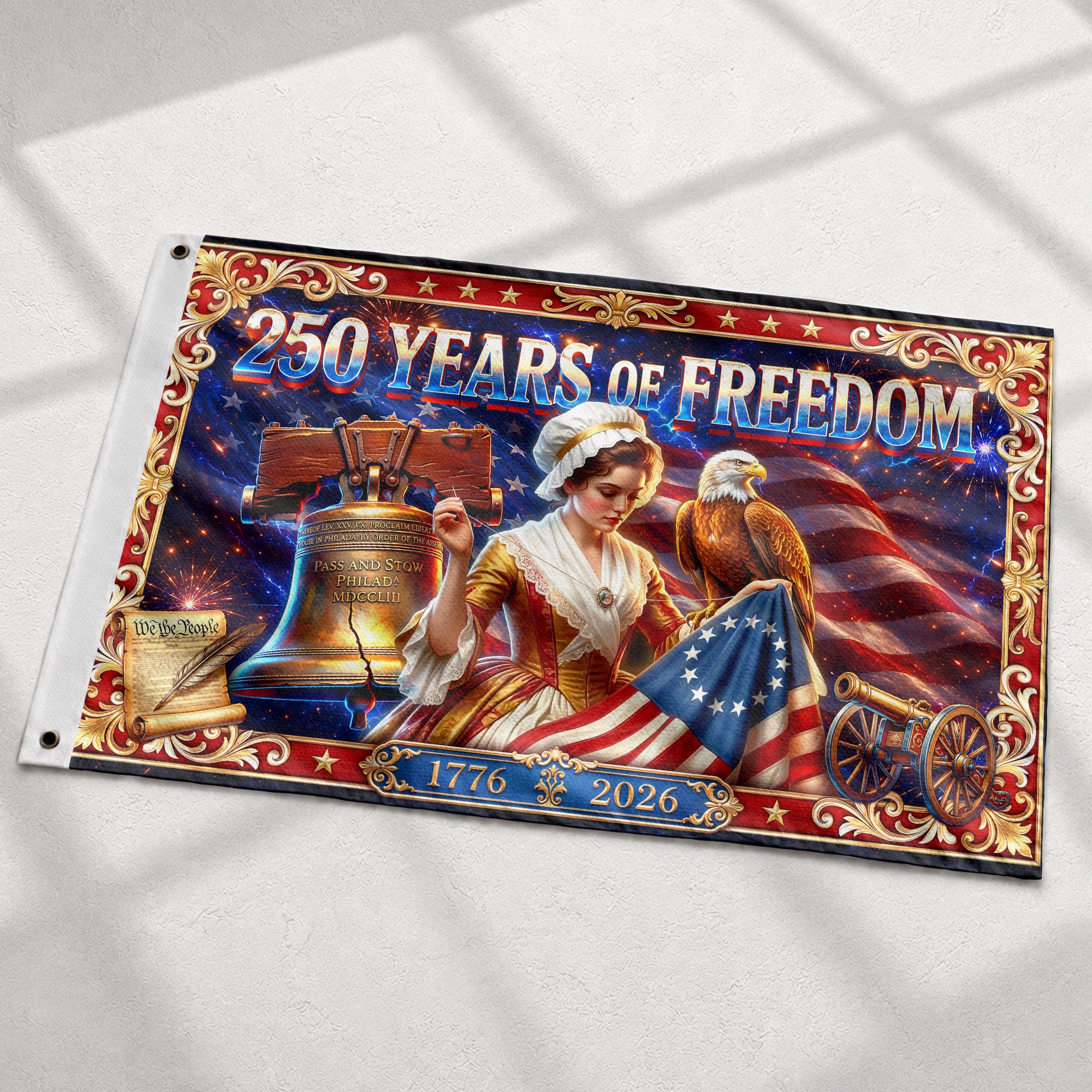 USA 250 Years of Freedom Flag - Betsy Ross & Liberty Bell Patriotic Banner 1776-2026