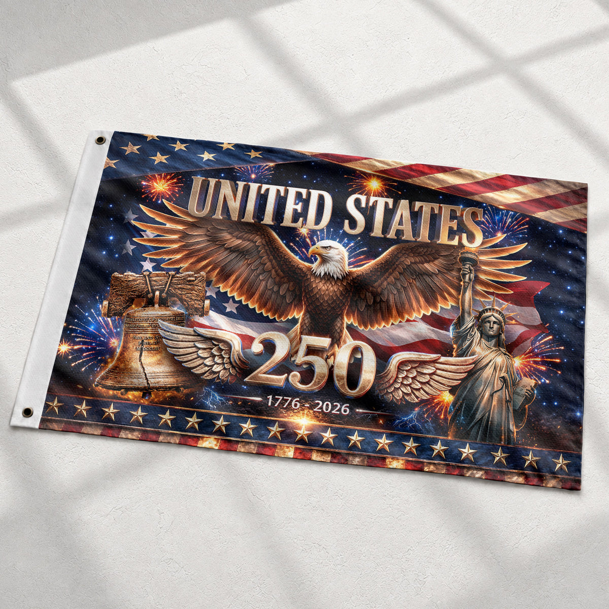 United States 250 Years Flag - Iconic Liberty Bell & Statue of Liberty Patriotic Banner - Rust Field Wear