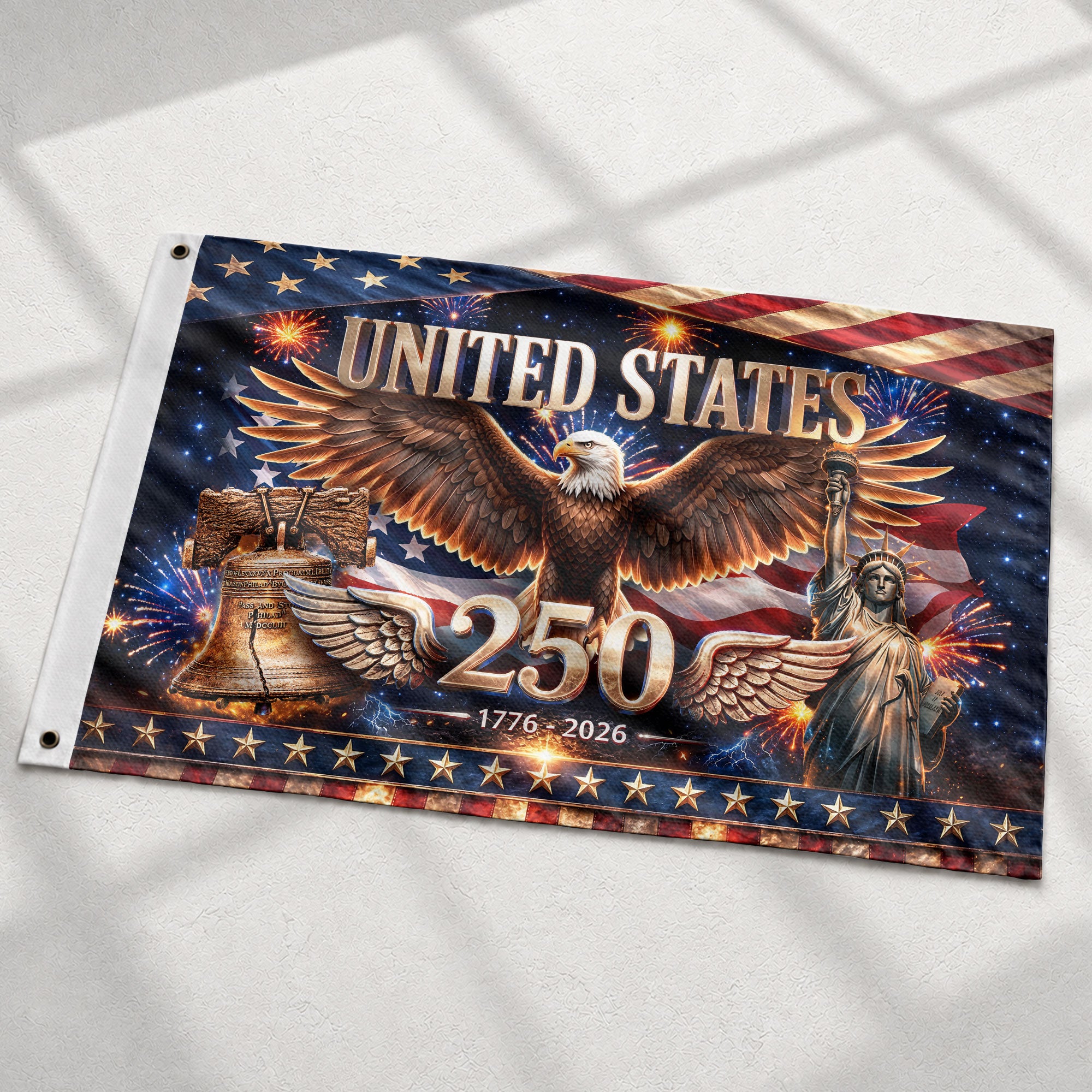 United States 250 Years Flag - Iconic Liberty Bell & Statue of Liberty Patriotic Banner