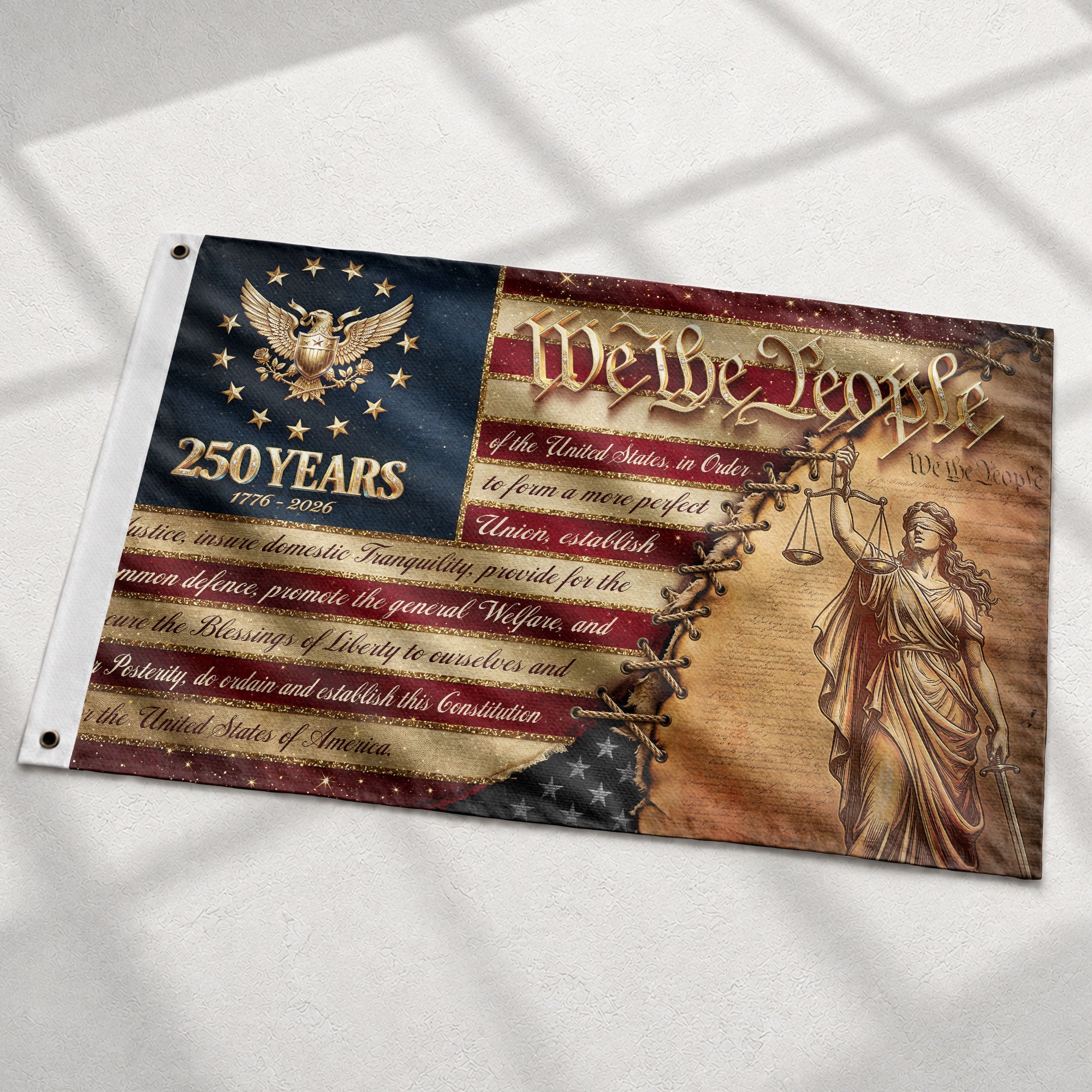 250 Years 1776-2026 Flag We The People Preamble Constitution Lady Justice Patriotic Banner