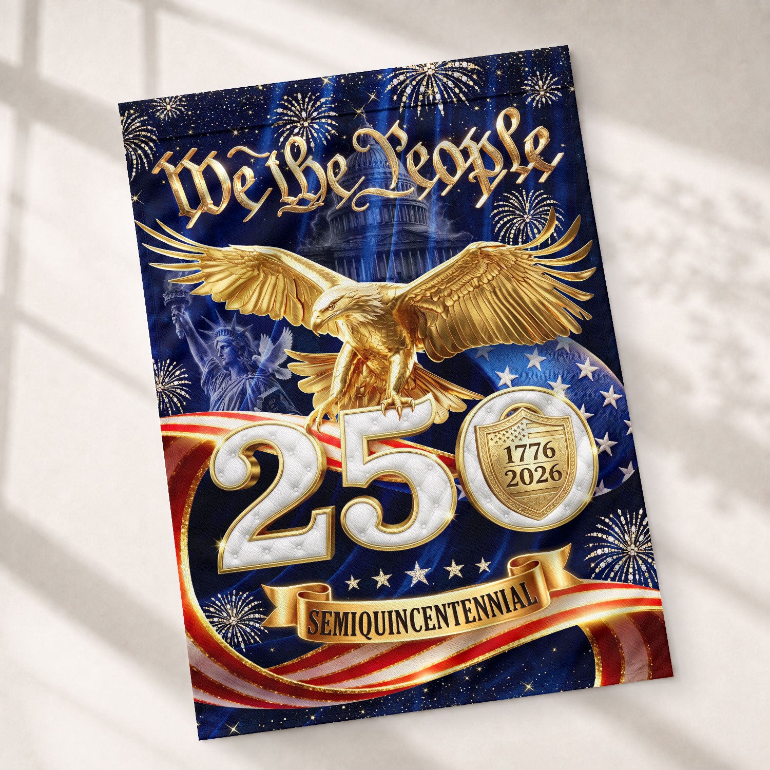 250 Years United States House Flag - We The People Golden Eagle Patriotic Home Banner - Rust Field Wear