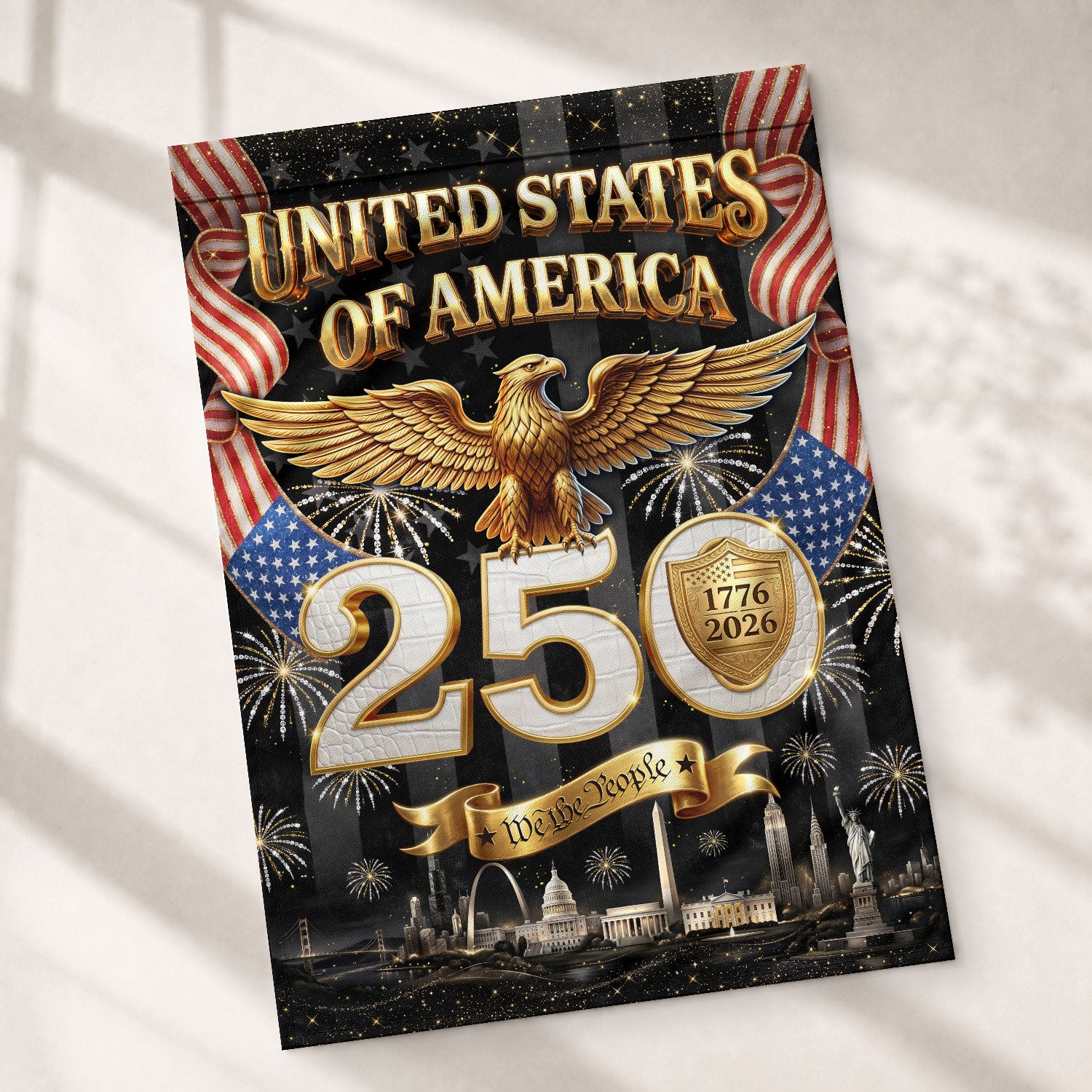 USA 250 Years Garden Flag - Golden Eagle & City Skyline Patriotic Decor 1776-2026