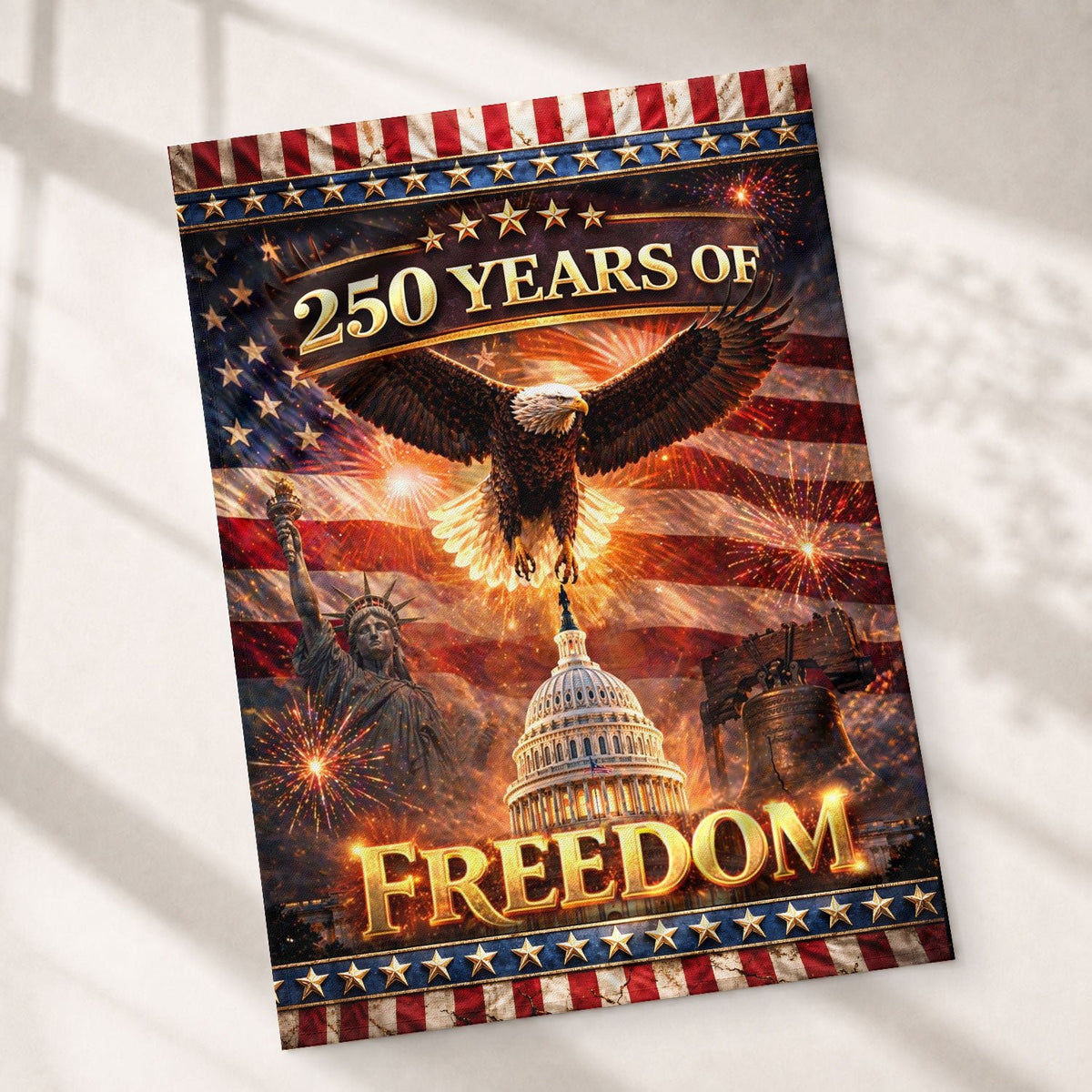 250 Years of Freedom House Flag 1776-2026 Patriotic Eagle Capitol Liberty Bell - Rust Field Wear