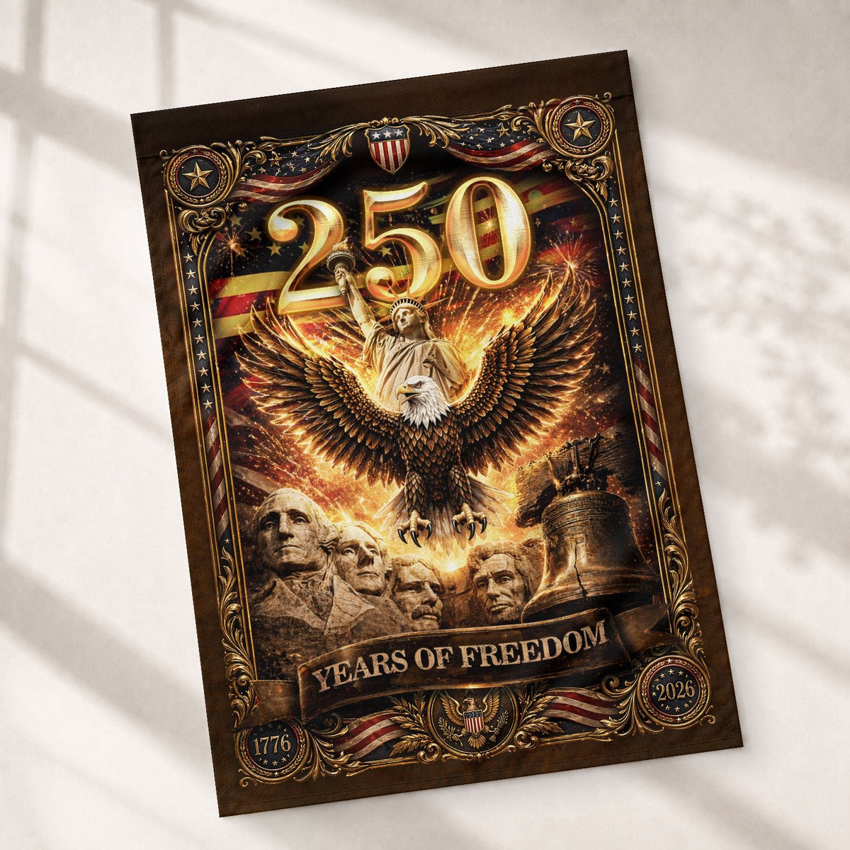 250 Years of Freedom House Flag 1776-2026 Patriotic Statue of Liberty Eagle - Rust Field Wear