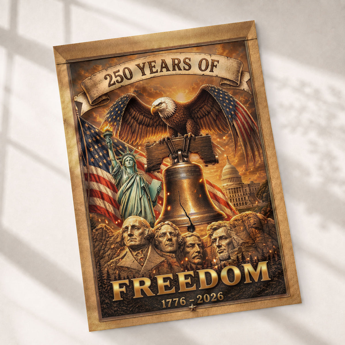 USA 250 Years of Freedom House Flag - Mt. Rushmore & Liberty Icons Patriotic Banner - Rust Field Wear