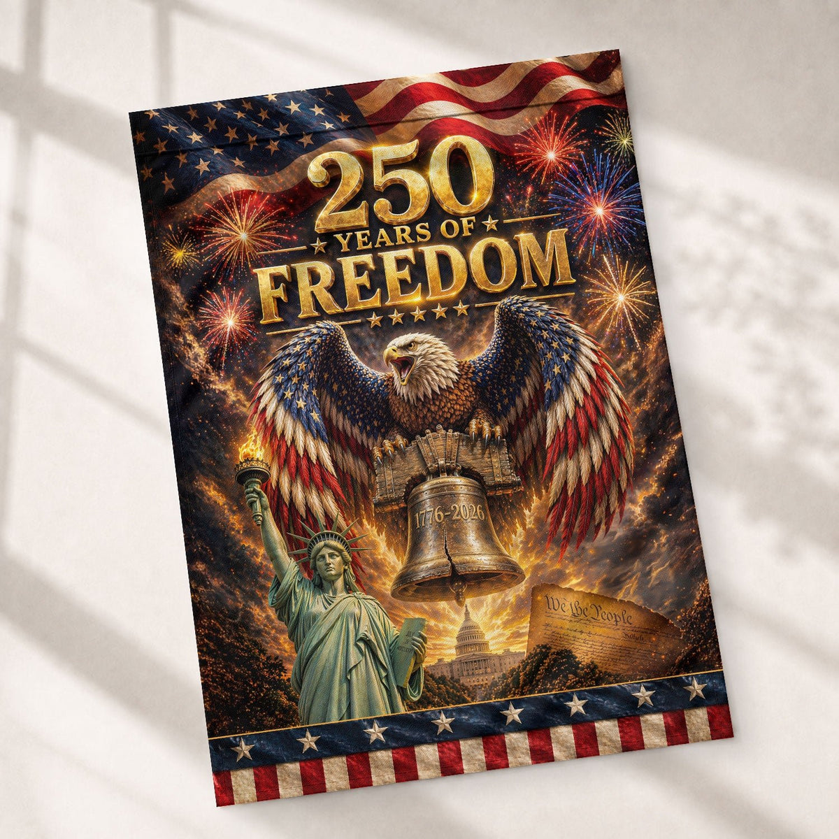 United States 250th Anniversary House Flag - Cinematic Liberty & Capitol Patriotic Banner - Rust Field Wear