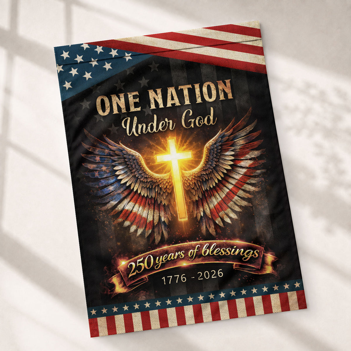 250th Anniversary House Flag One Nation Under God Cross Patriotic Banner 1776-2026 - Rust Field Wear