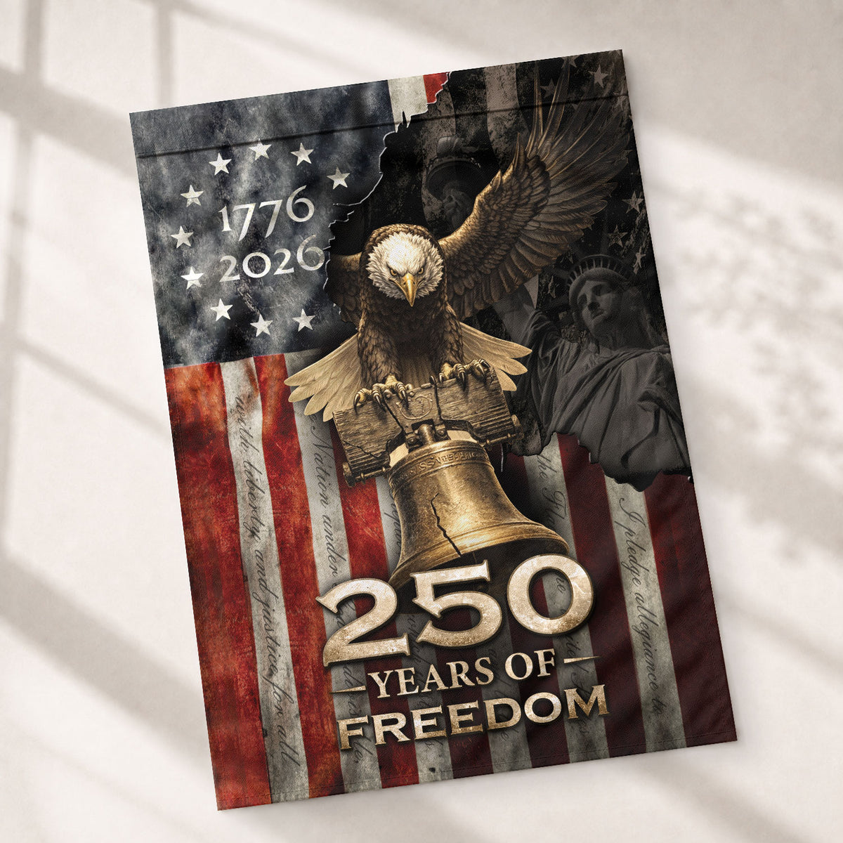 250th Anniversary House Flag - United States Eagle and Liberty Bell Patriotic Banner - Rust Field Wear