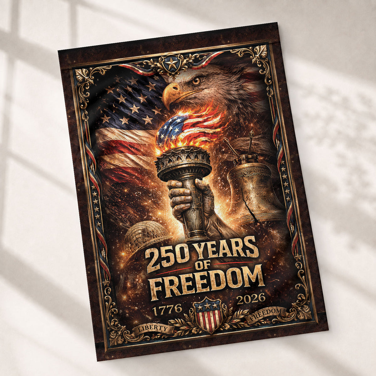 250 Years of Freedom Garden Flag - USA Torch & Eagle Patriotic Outdoor Decor 1776-2026 - Rust Field Wear