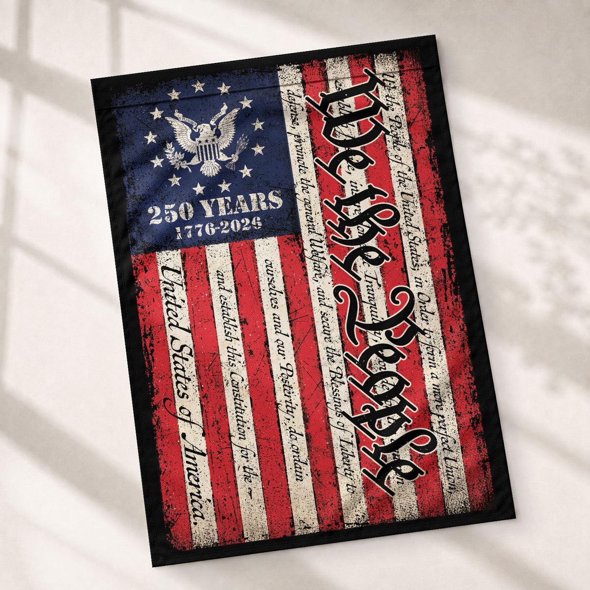 250th Anniversary United States House Flag - Constitution Script Patriotic Home Banner - Rust Field Wear