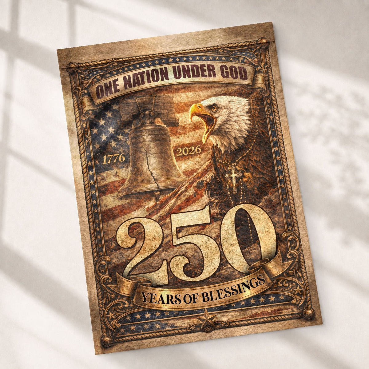1776-2026 Anniversary Garden Flag 250 Years of Blessings One Nation Under God Eagle - Rust Field Wear