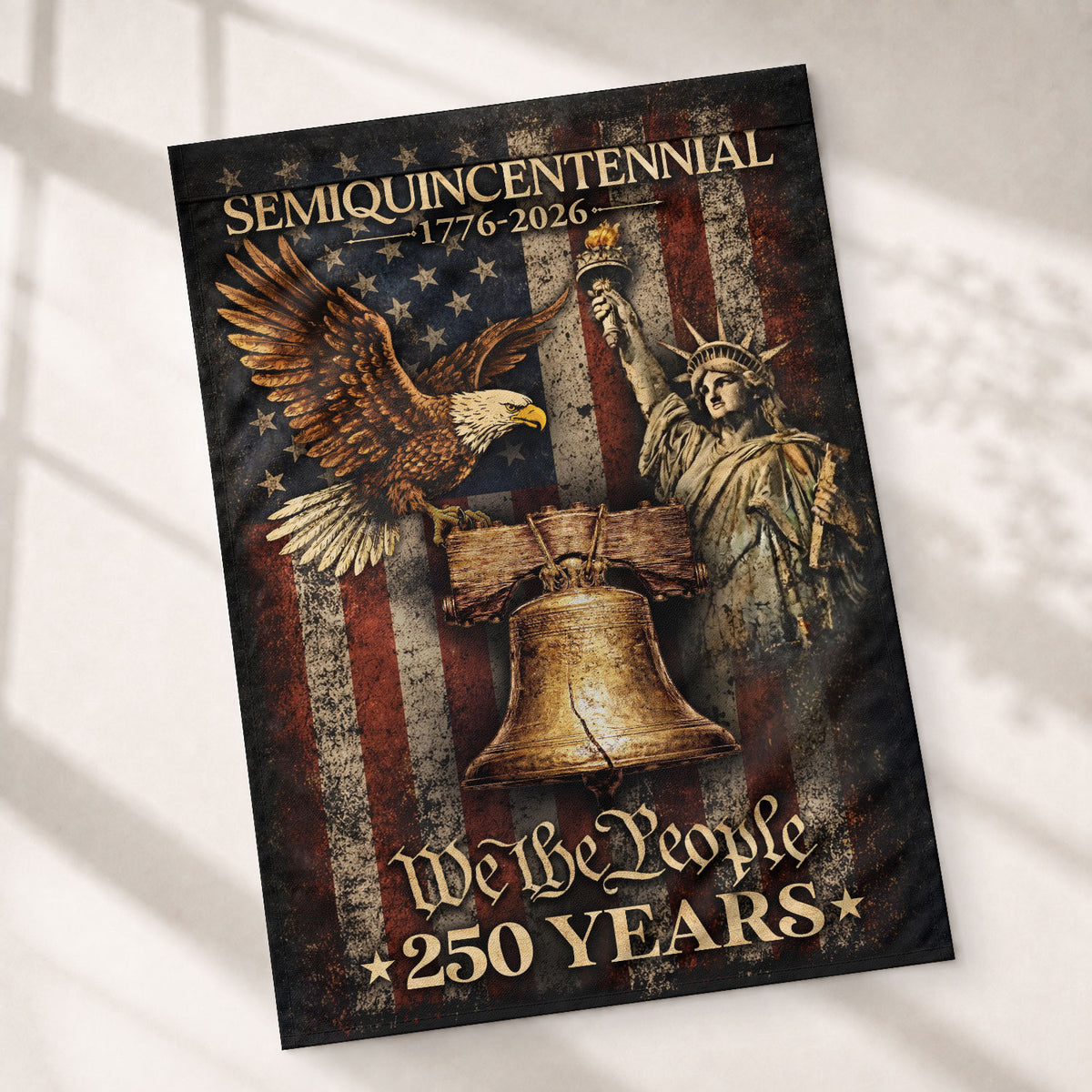 USA 250th Anniversary House Flag - Statue of Liberty & Golden Eagle Patriotic Banner - Rust Field Wear
