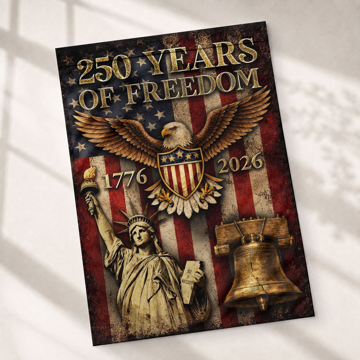 USA 250 Years of Freedom House Flag - Statue of Liberty & Liberty Bell Patriotic Banner - Rust Field Wear