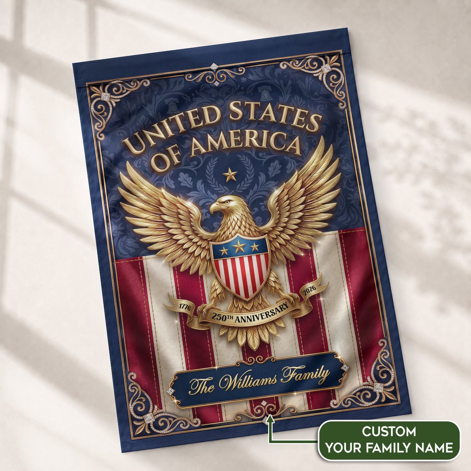 Custom Family Name United States of America 250th Anniversary Eagle Garden Flag Banner