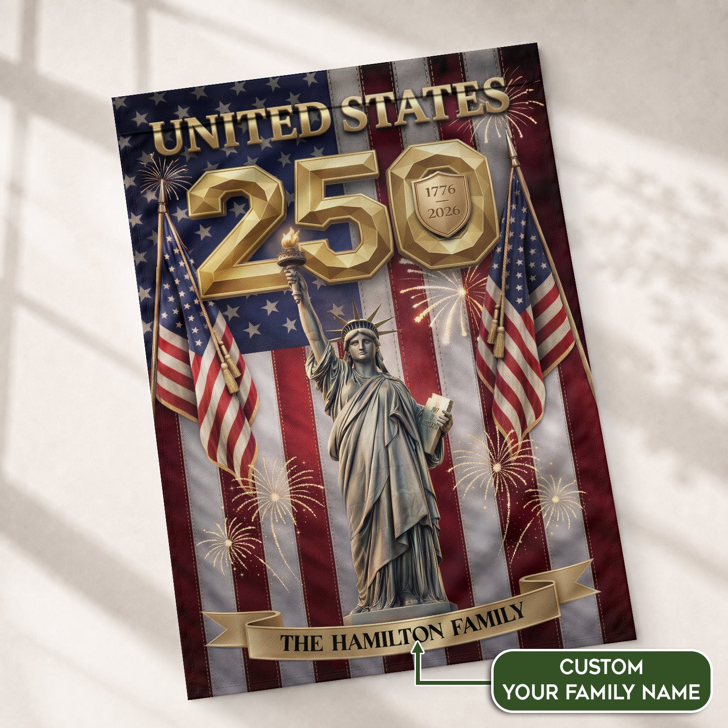 Custom Family Name United States 250 Years Statue of Liberty Patriot Garden Flag Banner - Rust Field Wear