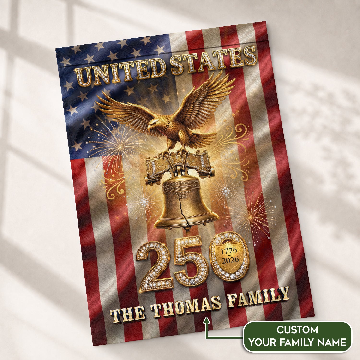 Custom Family Name United States 250 Years Liberty Bell Patriot Eagle Garden Flag - Rust Field Wear