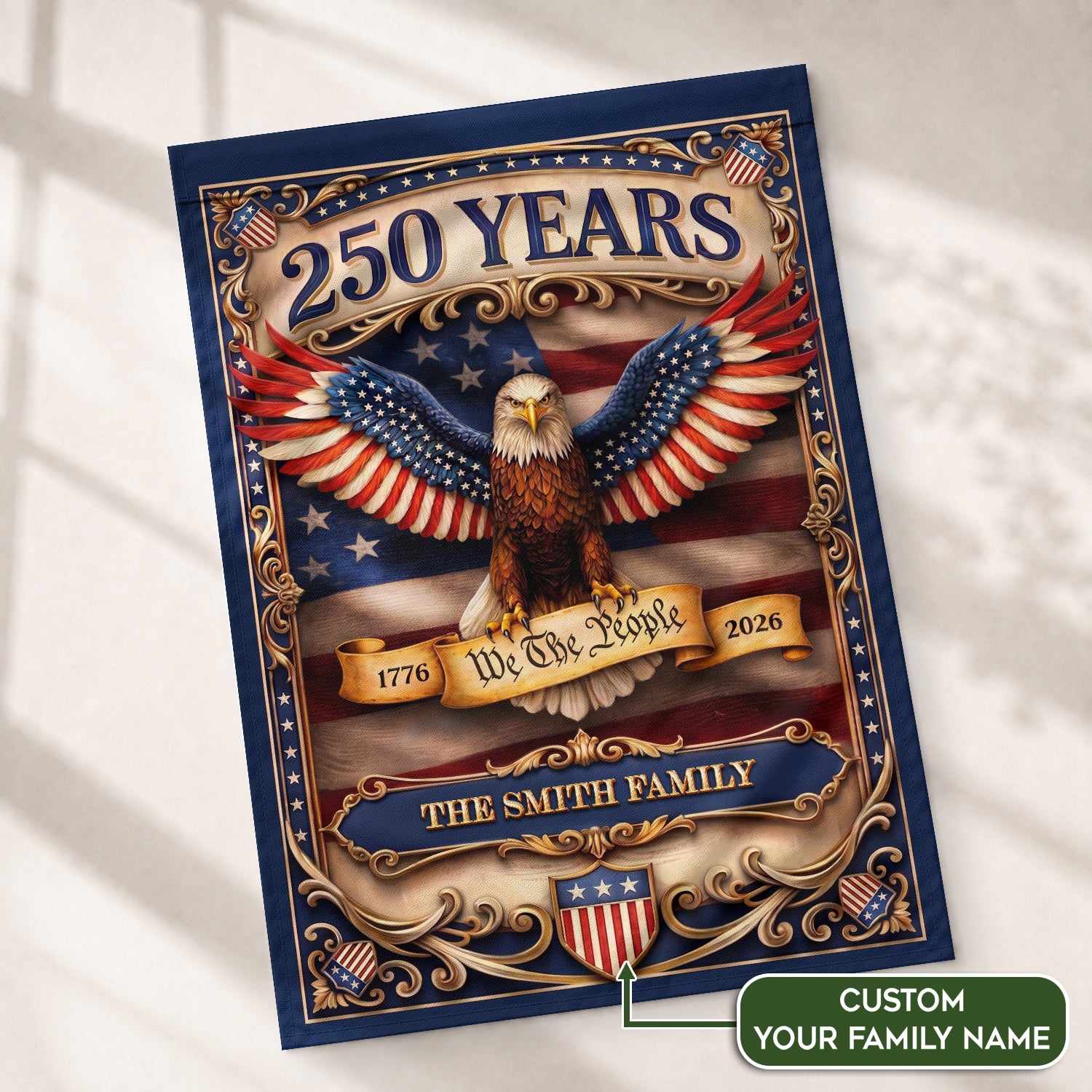 Custom Family Name 250 Years We The People Patriot Eagle Garden Flag Banner - Rust Field Wear