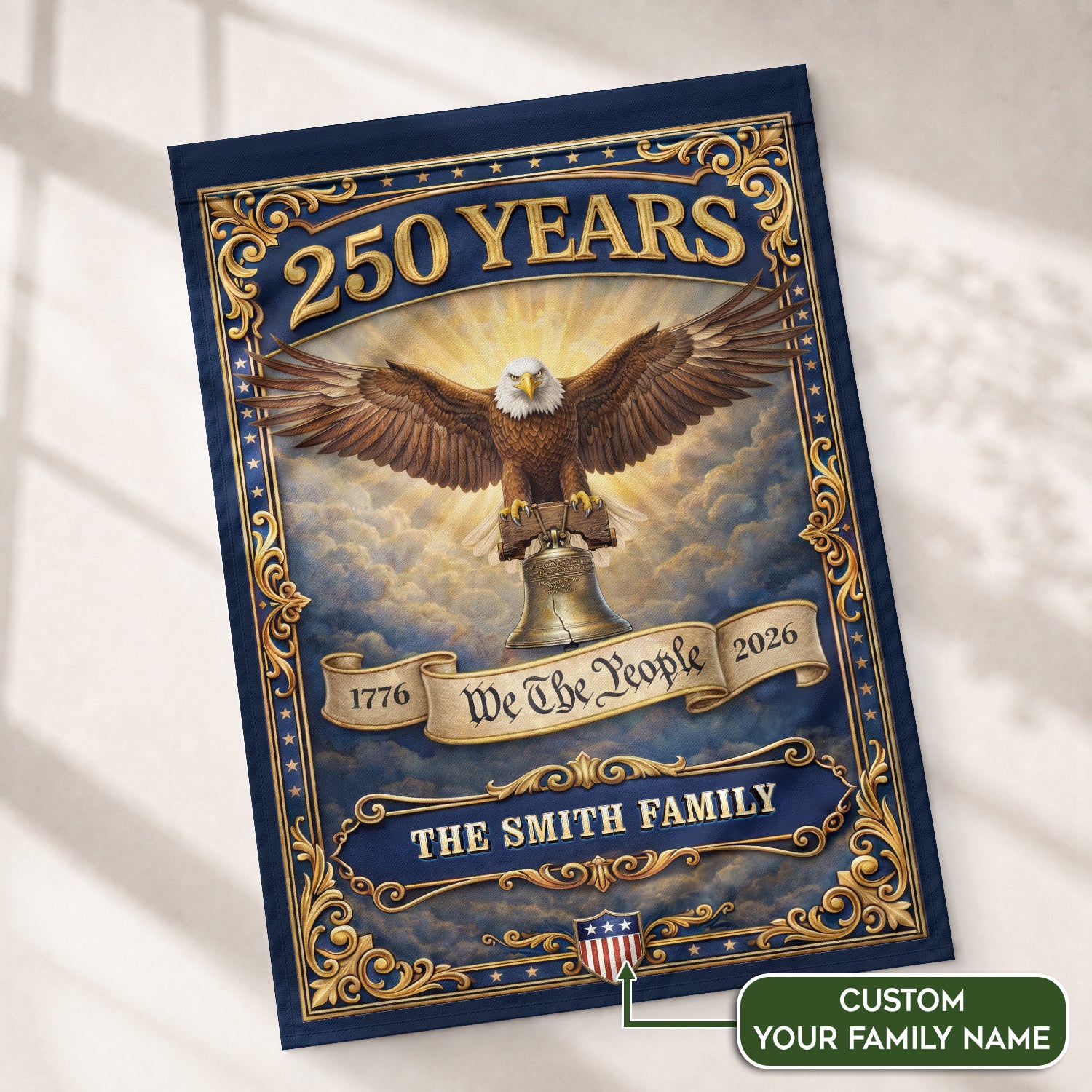 250 Years 1776-2026 Custom Family Name We The People Liberty Bell Patriot Eagle Garden Flag - Rust Field Wear
