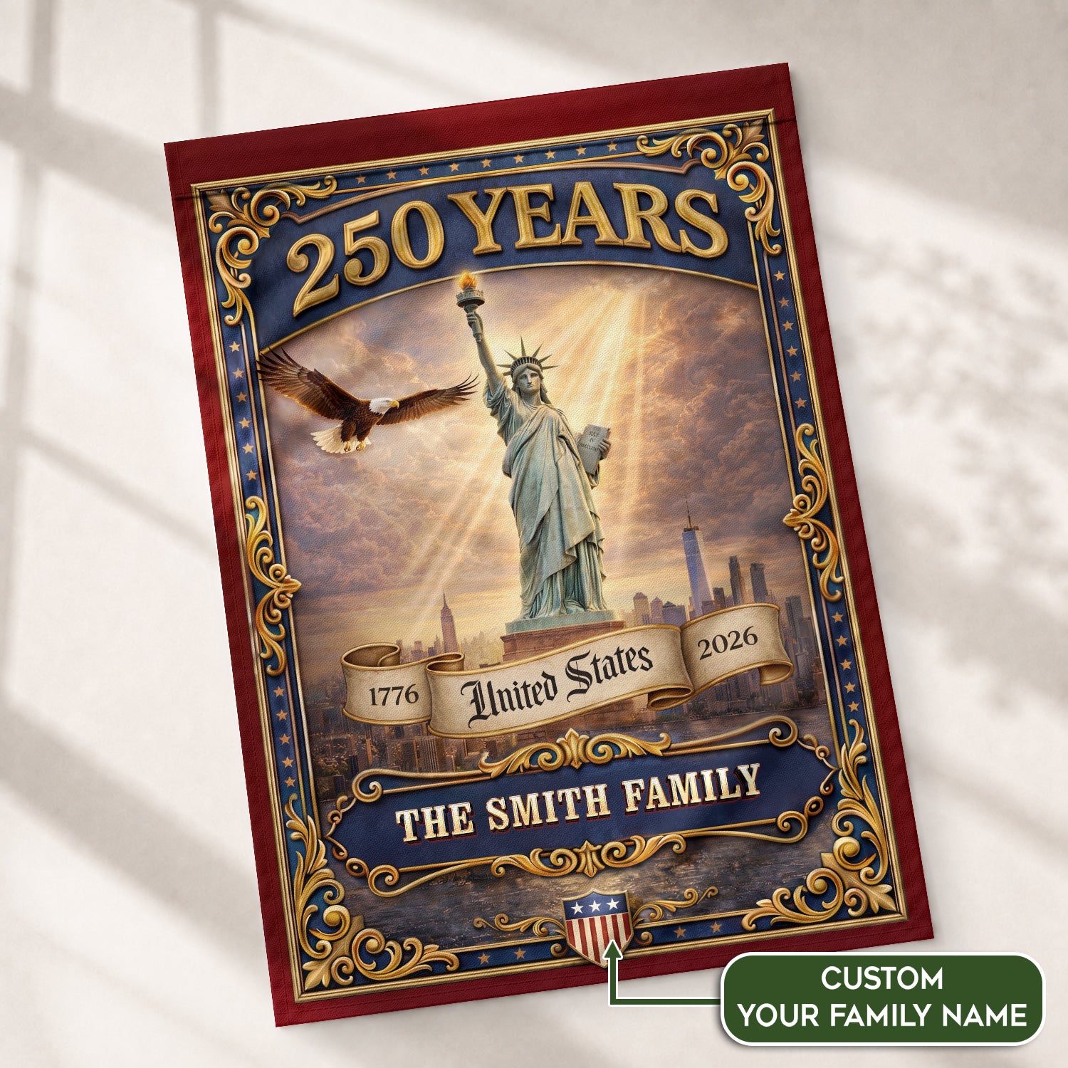 Custom Family Name 250 Years United States Statue of Liberty Patriot Garden Flag - Rust Field Wear
