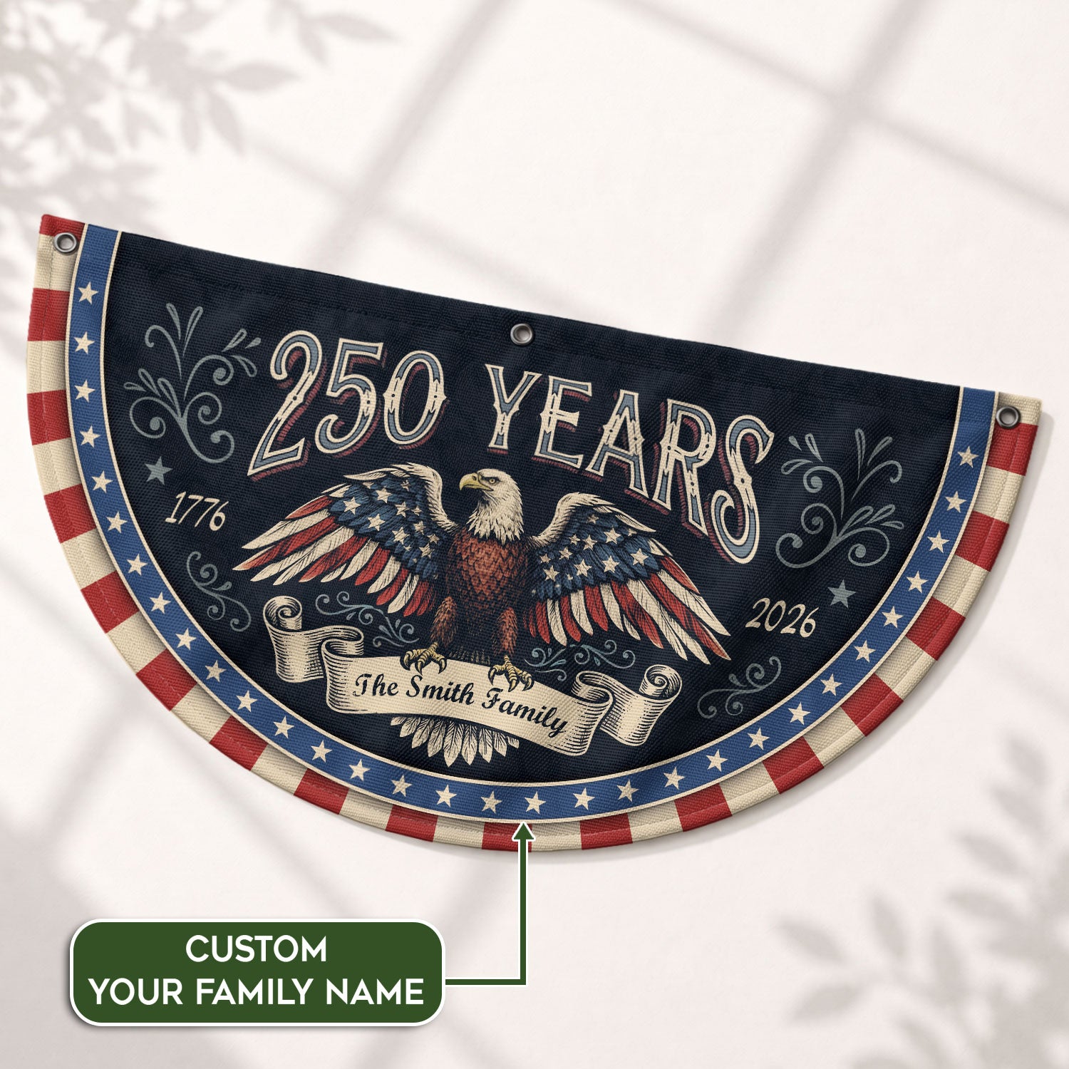 250 Years 1776-2026 Patriotic Fence Flag - Custom Family Name Eagle Outdoor Banner