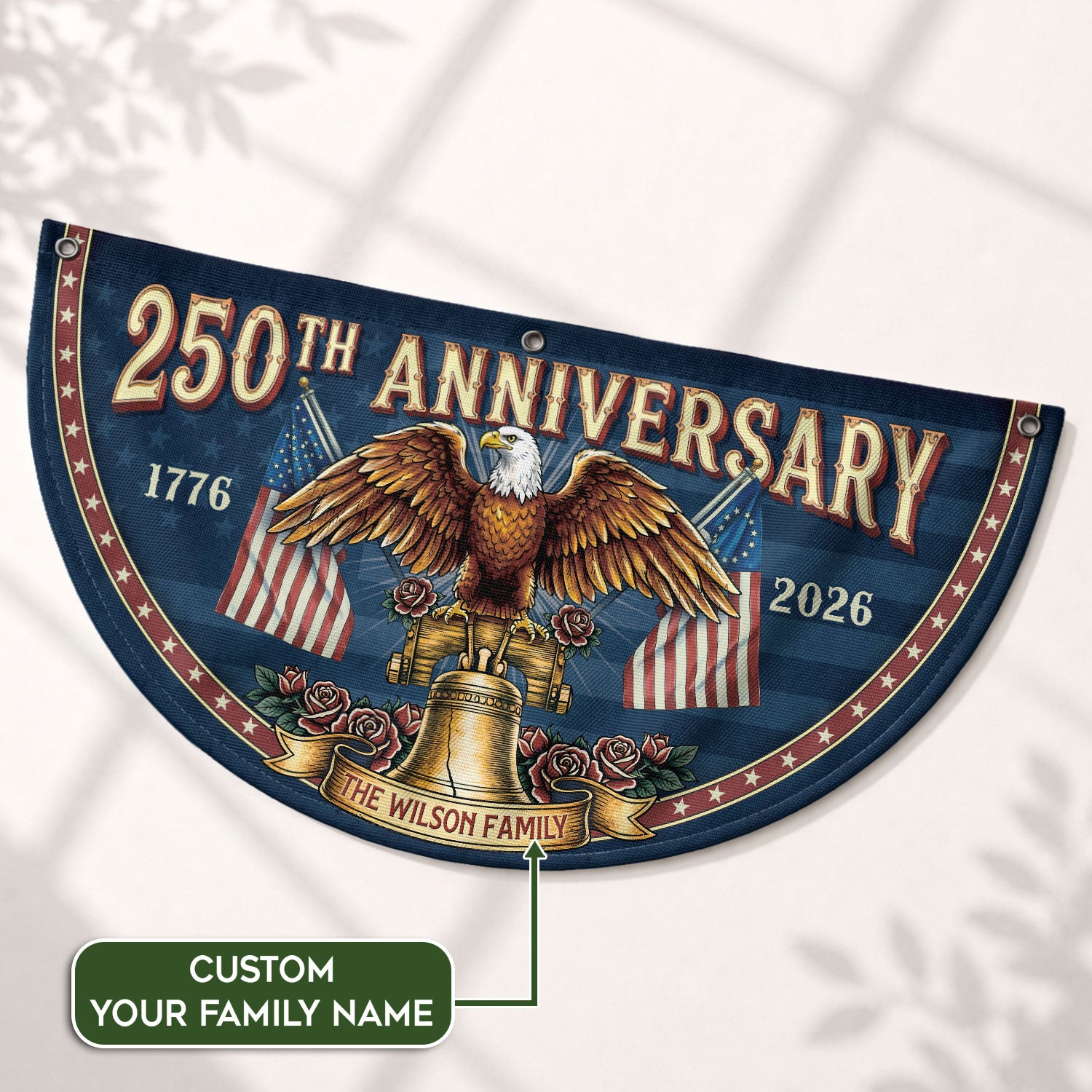 250th Anniversary 1776-2026 Liberty Bell Custom Family Name Patriot Fence Flag Banner