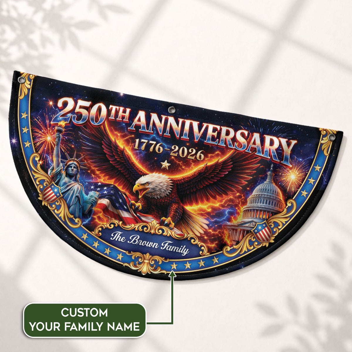 250th Anniversary 1776-2026 Custom Family Name Statue of Liberty Patriot Fence Flag - Rust Field Wear