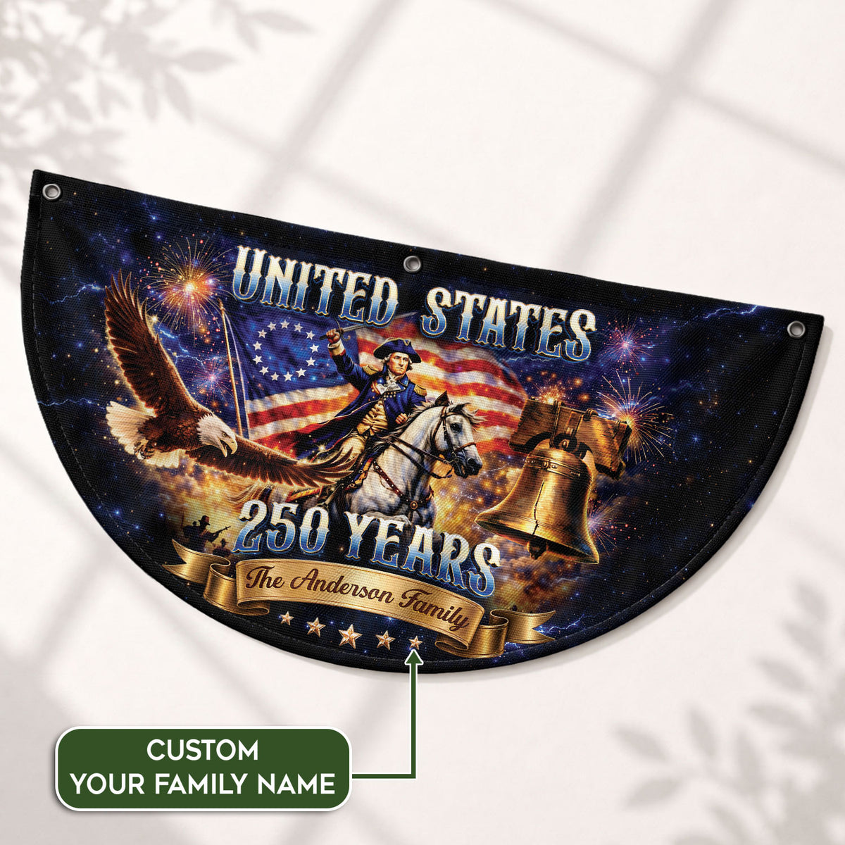 Custom Family Name United States 250 Years George Washington Patriot Eagle Fence Flag - Rust Field Wear
