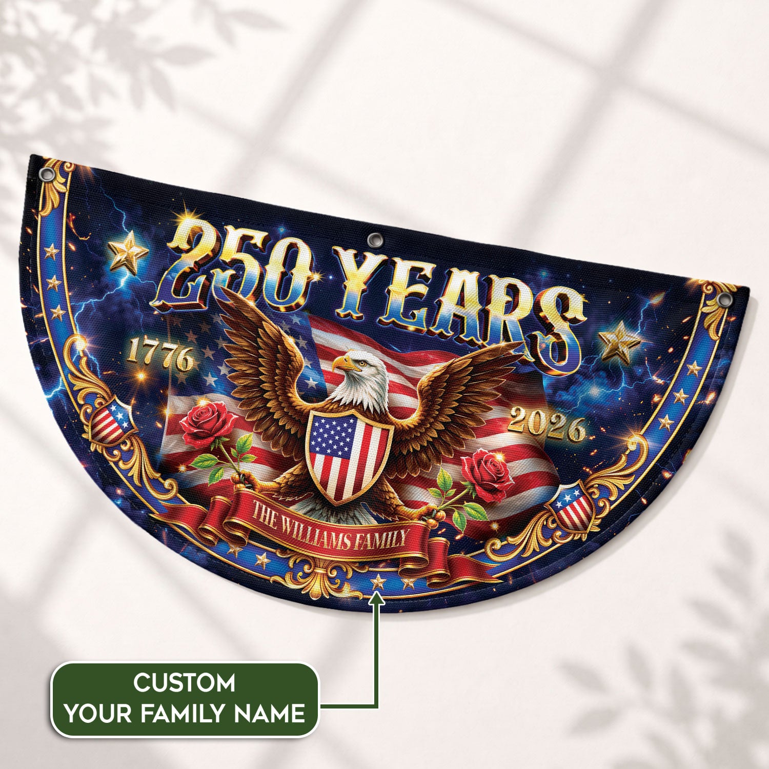 250 Years 1776-2026 Custom Family Name Patriot Eagle Shield Fence Flag Bunting Banner