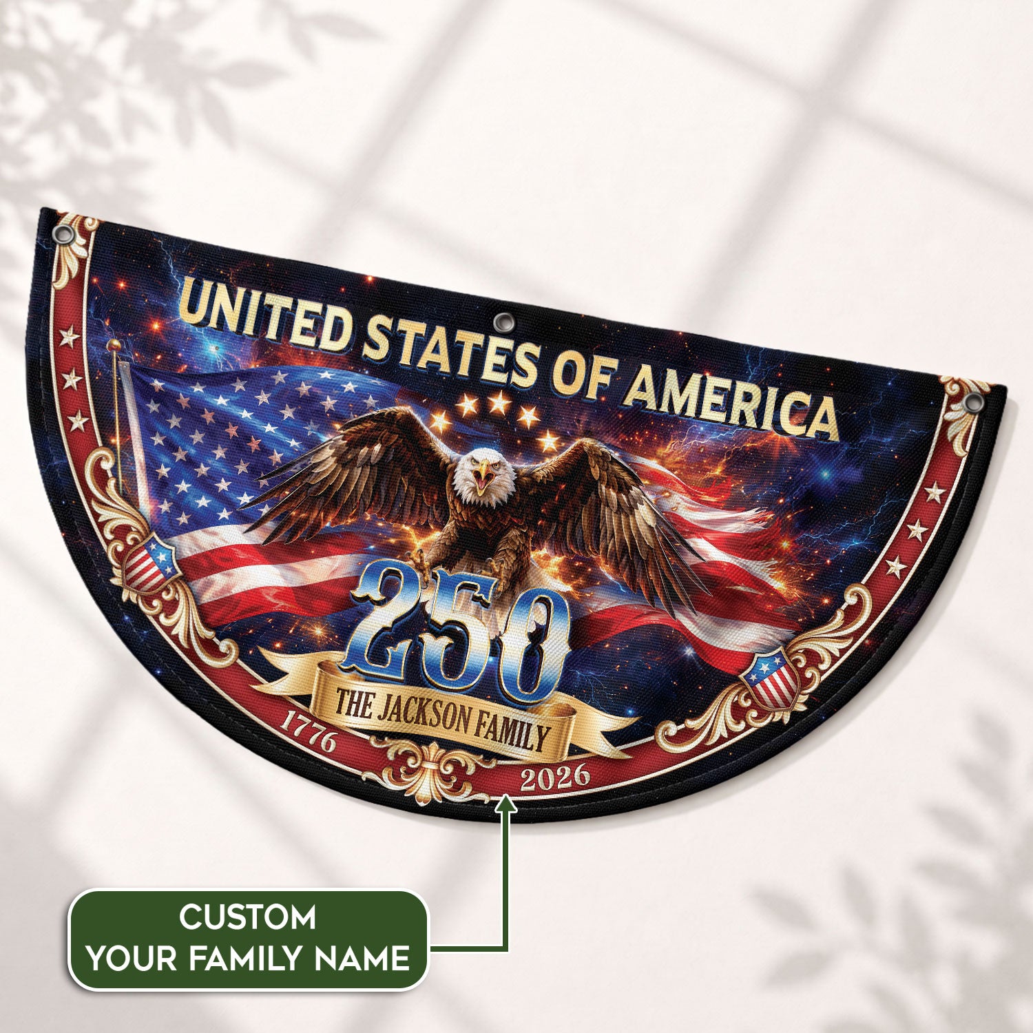 United States 250 Years Custom Family Name Fence Flag - 1776-2026 Patriot Bunting Decor