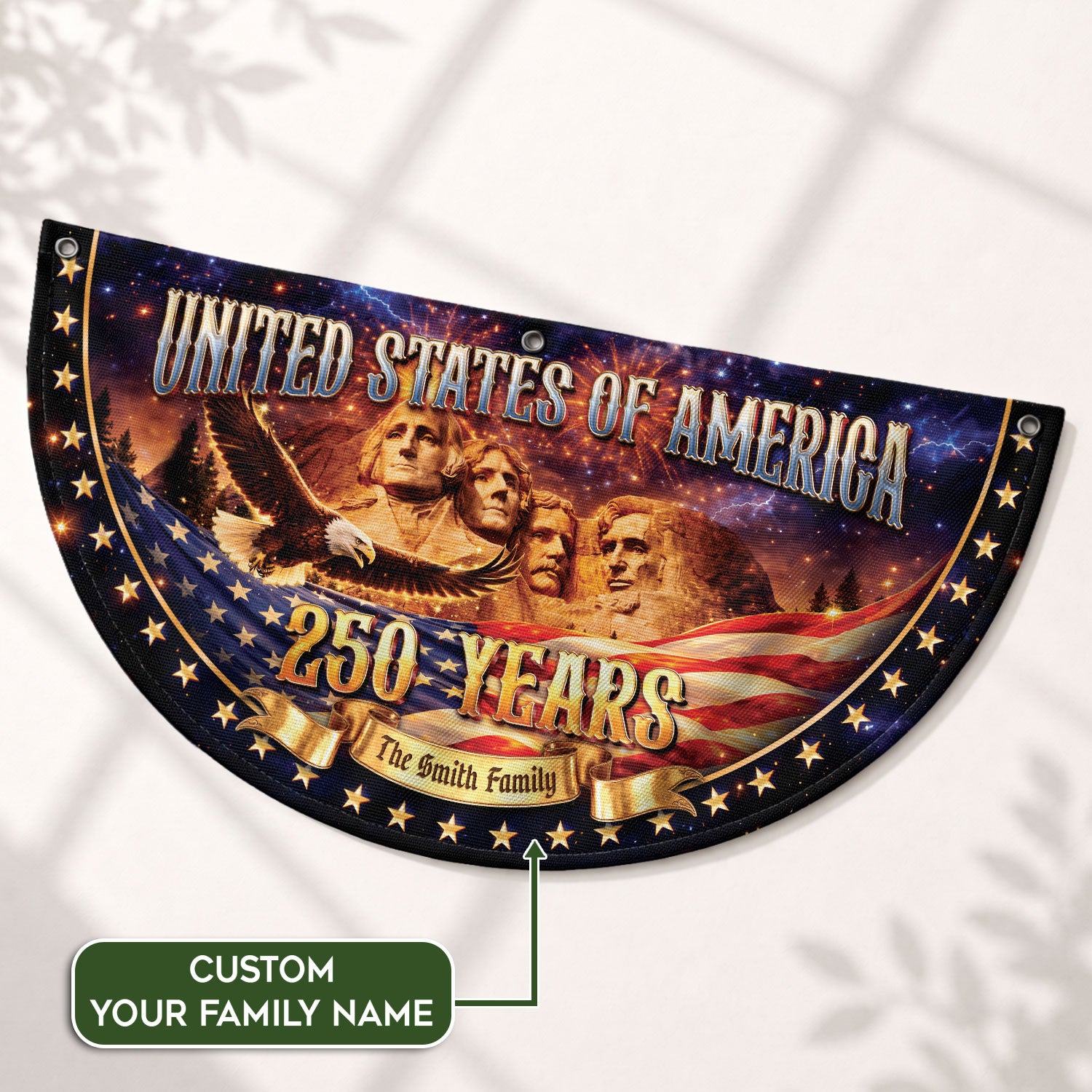 Custom Family Name United States 250 Years Mount Rushmore Patriot Bunting Fence Flag