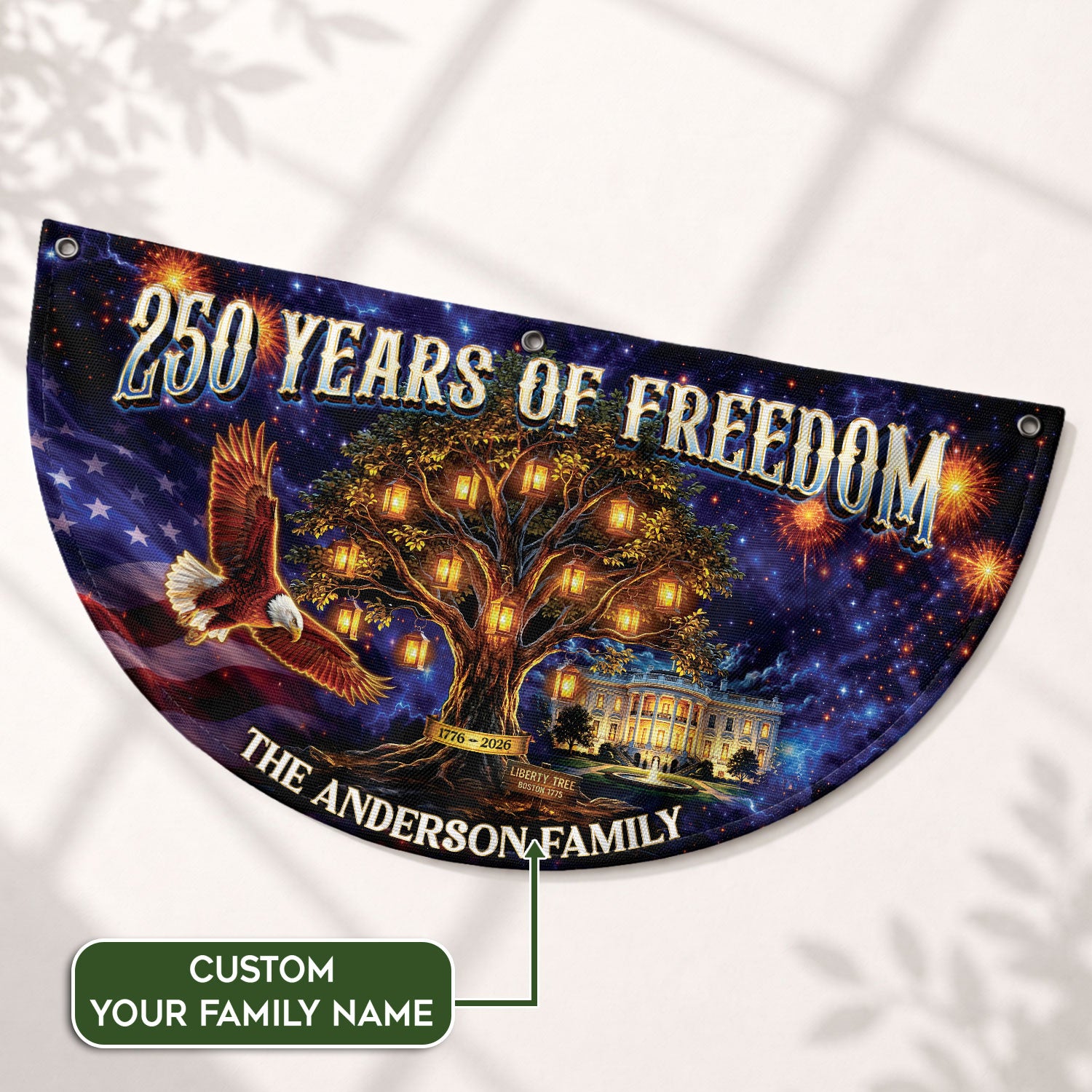 Custom Family Name 250 Years of Freedom Liberty Tree 1776-2026 Patriot Fence Flag Banner