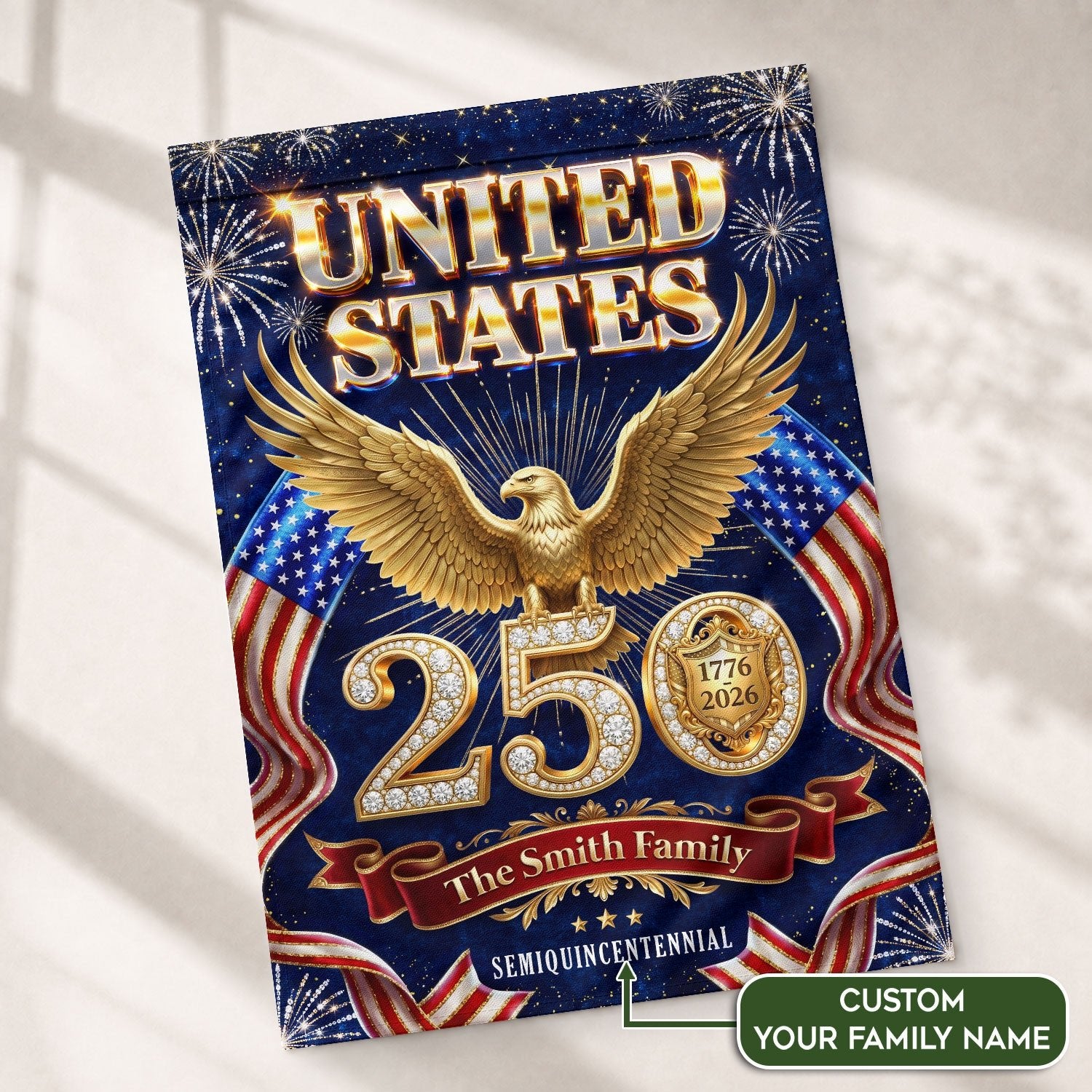 Custom Family Name United States 250 Years Patriot Eagle Garden Flag - 1776-2026 Decor - Rust Field Wear