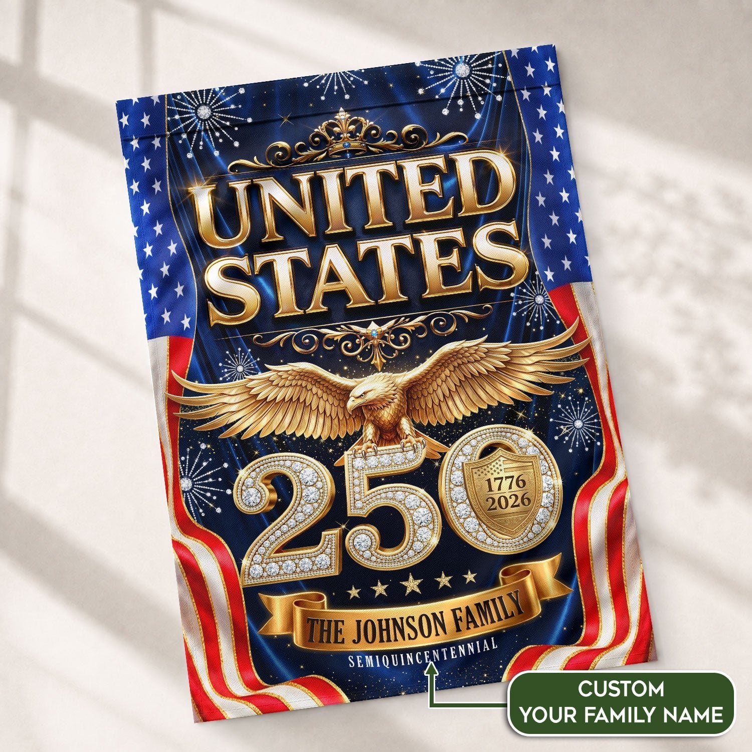 Custom Family Name 1776-2026 United States Patriot Eagle Garden Flag - Anniversary Decor - Rust Field Wear