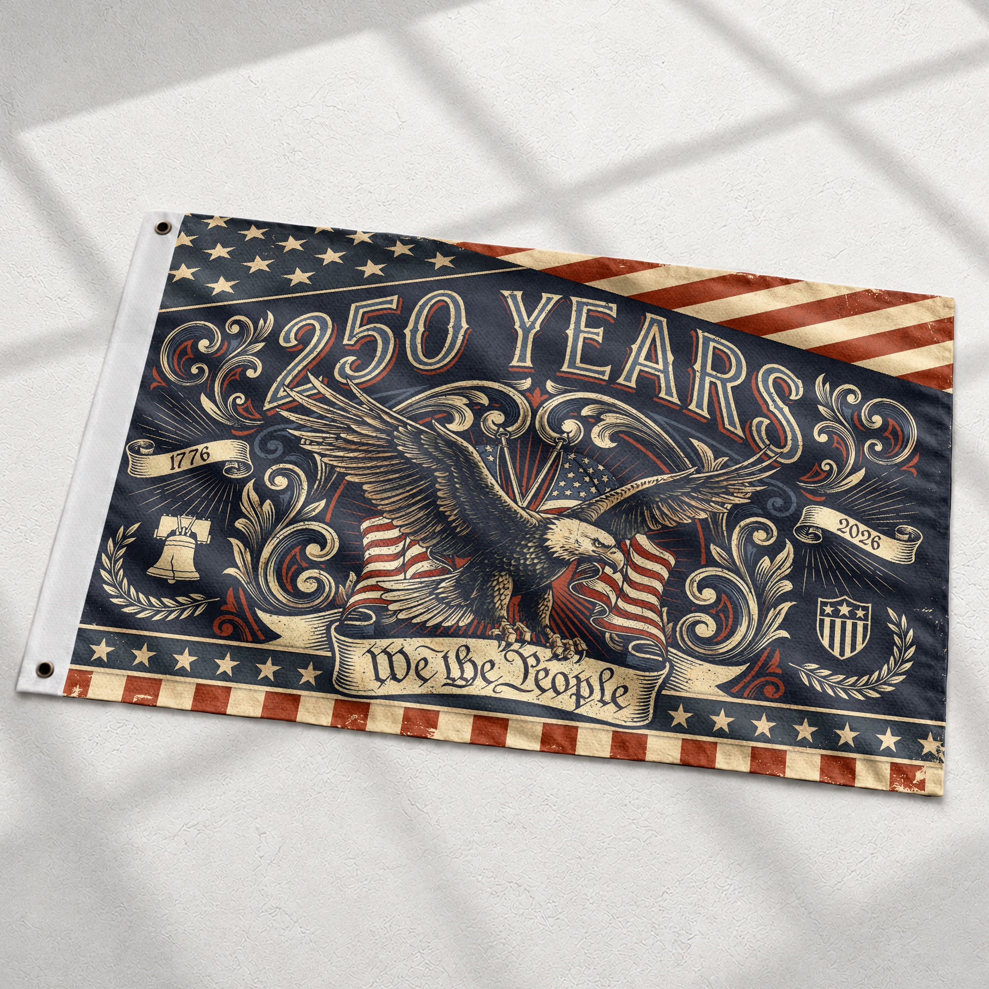 250 Years We The People Flag 1776-2026 Vintage American Eagle Liberty Bell Banner - Rust Field Wear