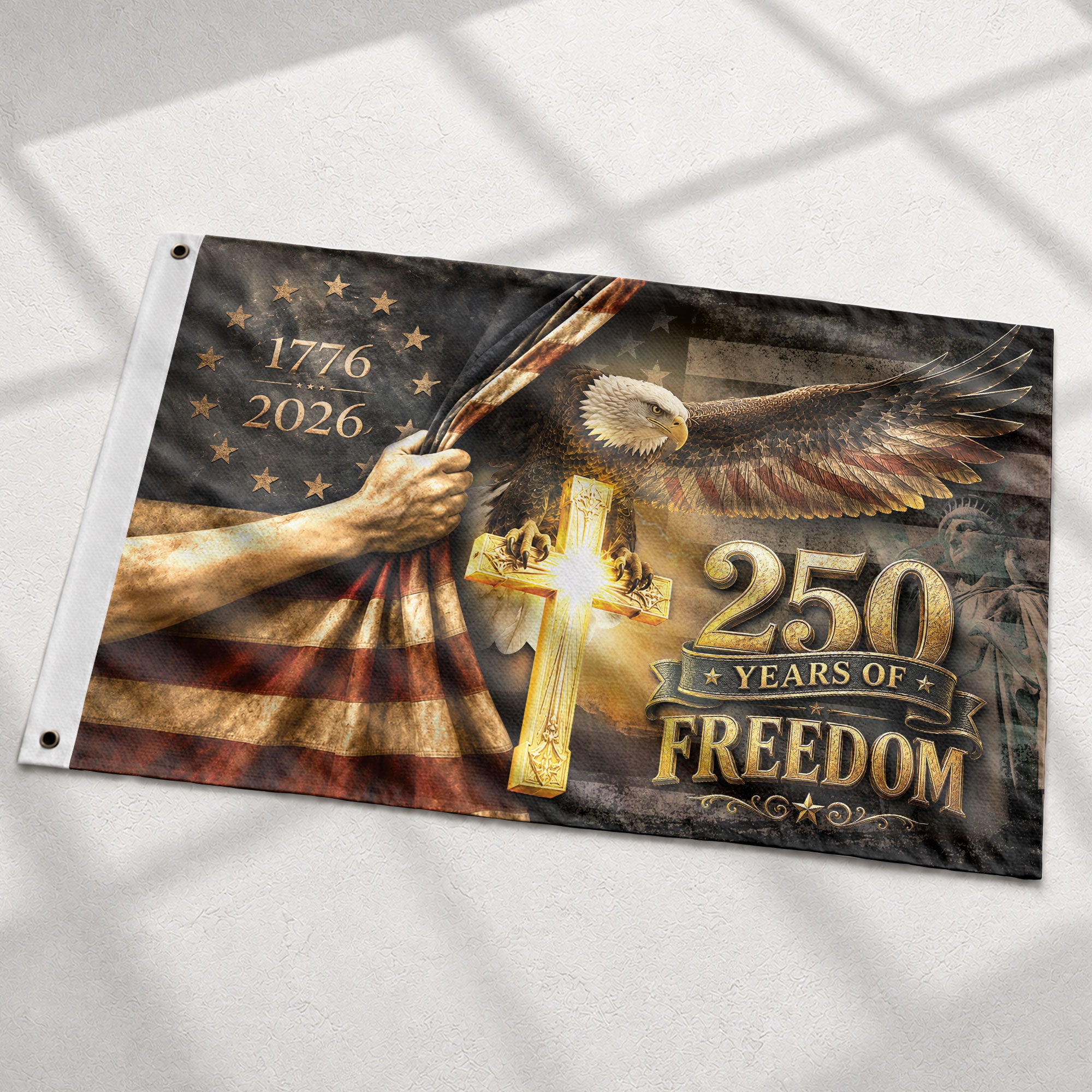 250 Years of Freedom Flag 1776-2026 Patriotic Bald Eagle Cross Liberty US Banner
