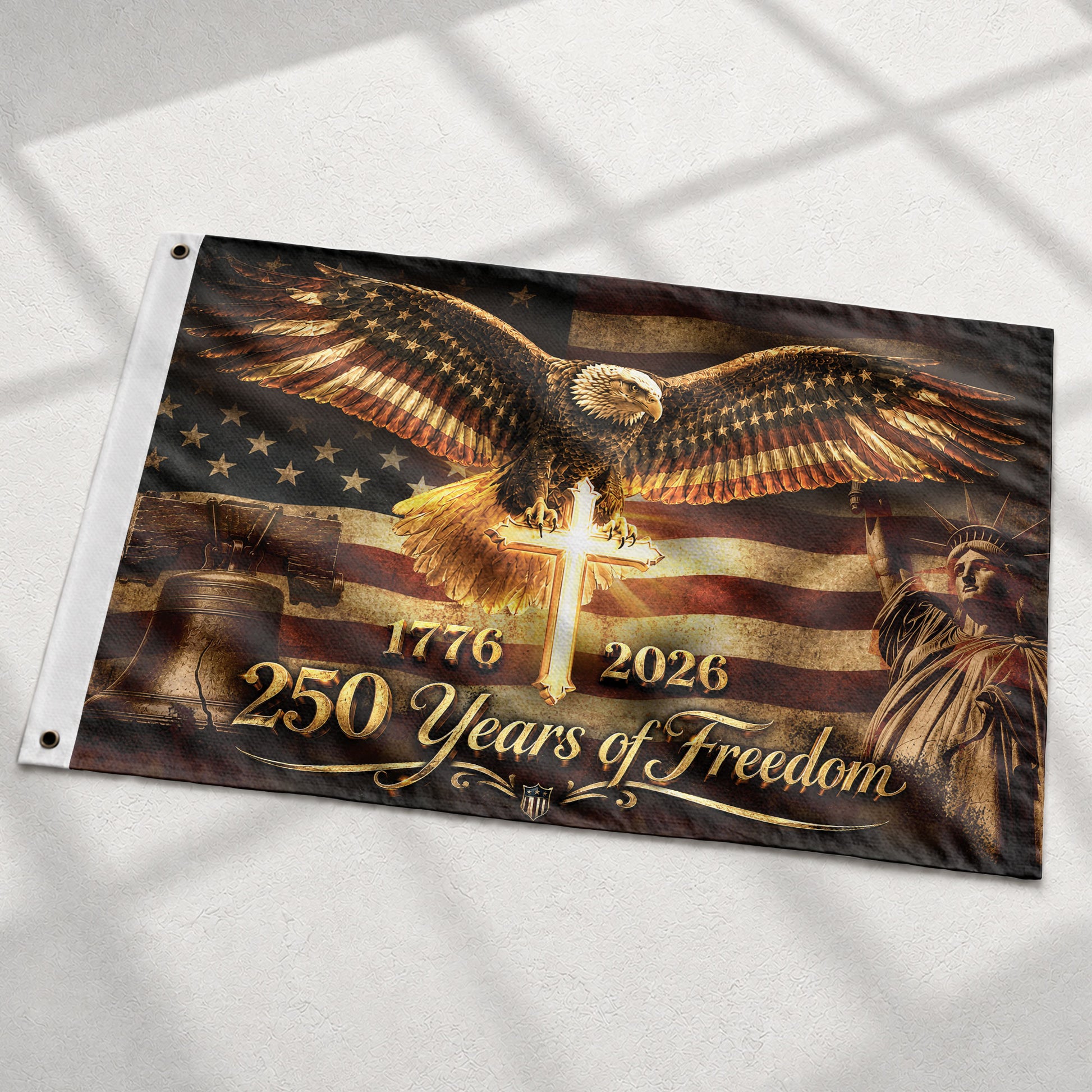 250 Years of Freedom Flag 1776-2026 Patriotic US Bald Eagle Liberty Bell Cross Banner - Rust Field Wear