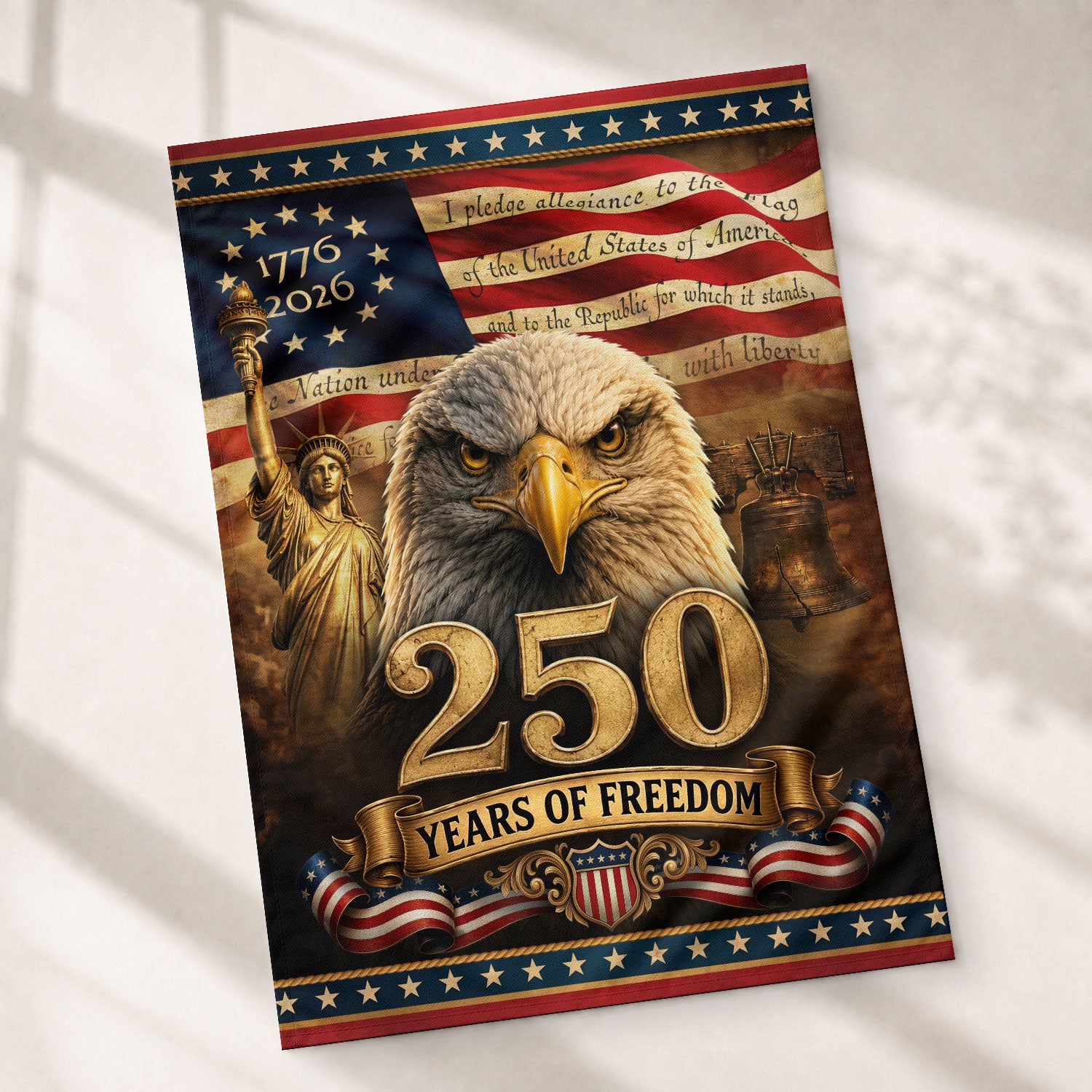 USA 250 Years of Freedom House Flag - Pledge of Allegiance & Patriotic Eagle Banner - Rust Field Wear