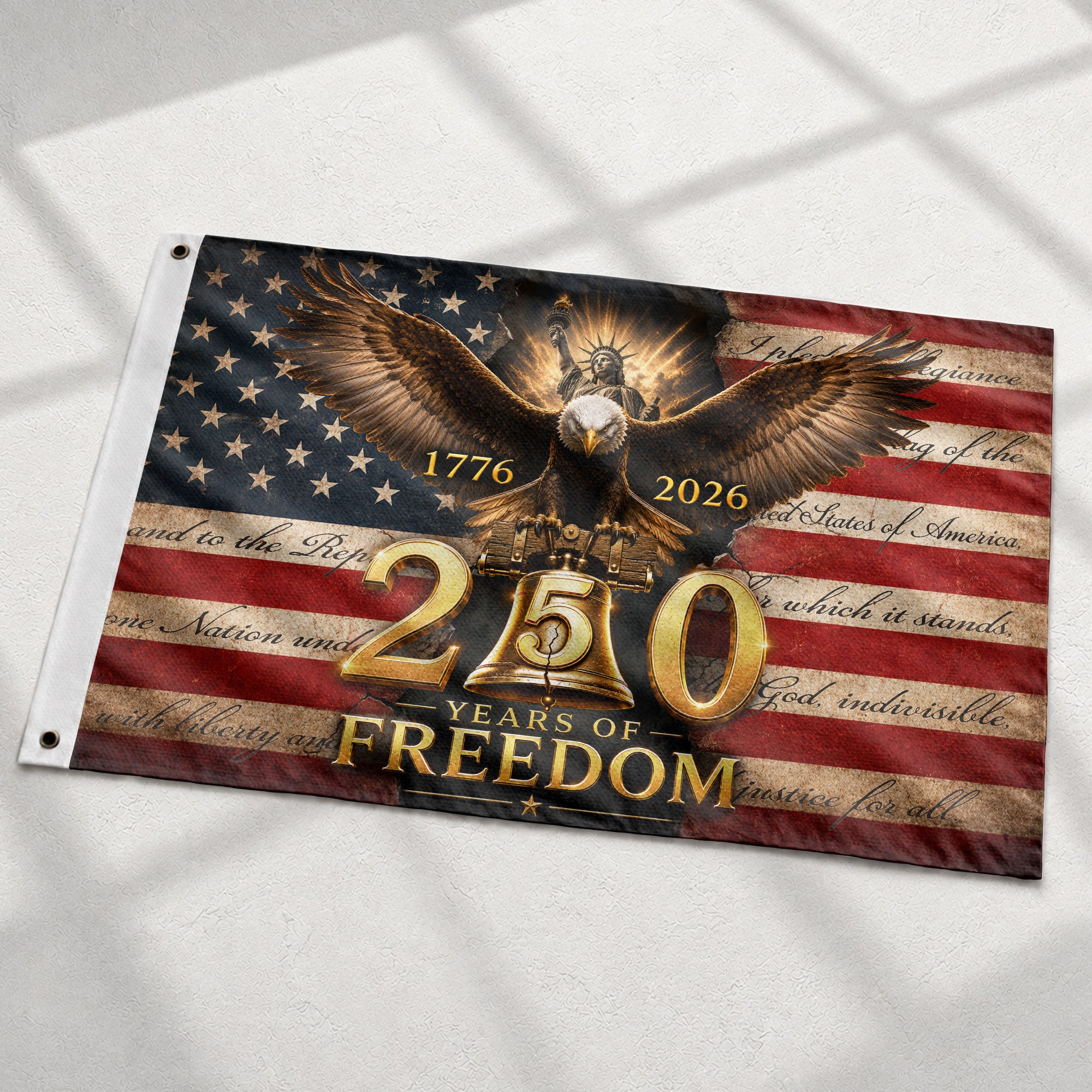 250 Years of Freedom Flag 1776-2026 Eagle Liberty Bell Statue of Liberty US Banner - Rust Field Wear