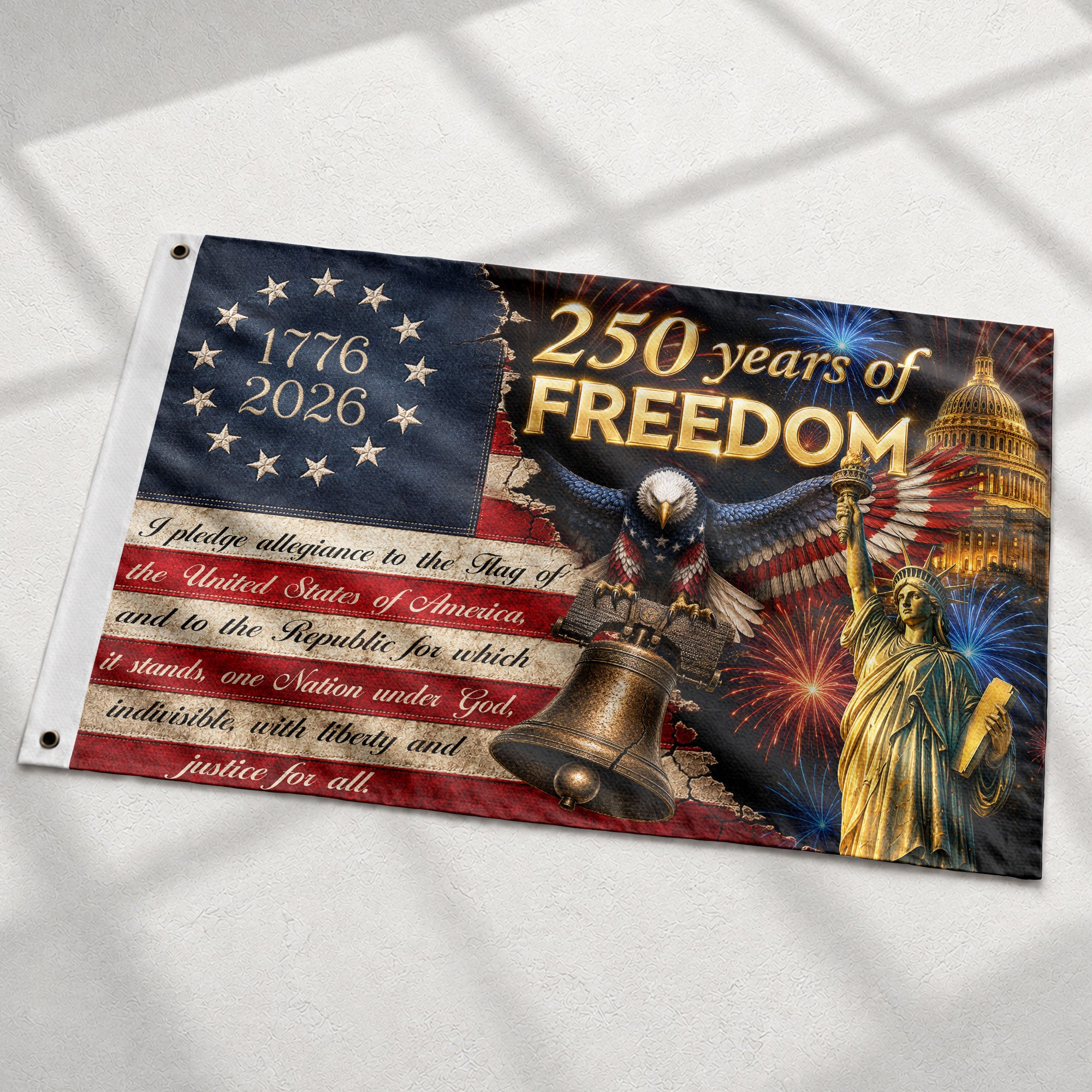 250 Years of Freedom Flag 1776-2026 Pledge of Allegiance Statue of Liberty US Banner - Rust Field Wear