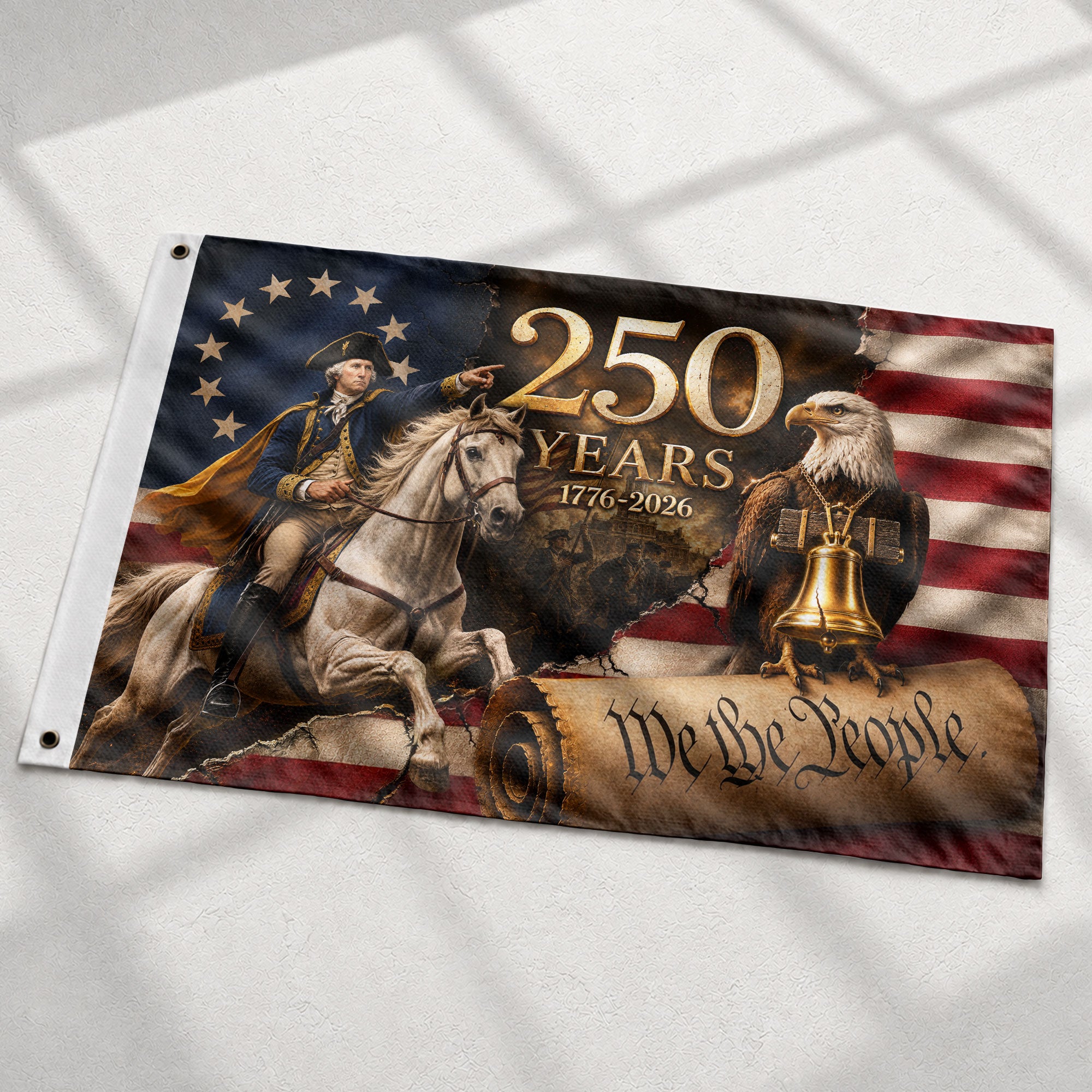 250 Years US Flag George Washington Eagle Liberty Bell 1776-2026 We The People Banner - Rust Field Wear